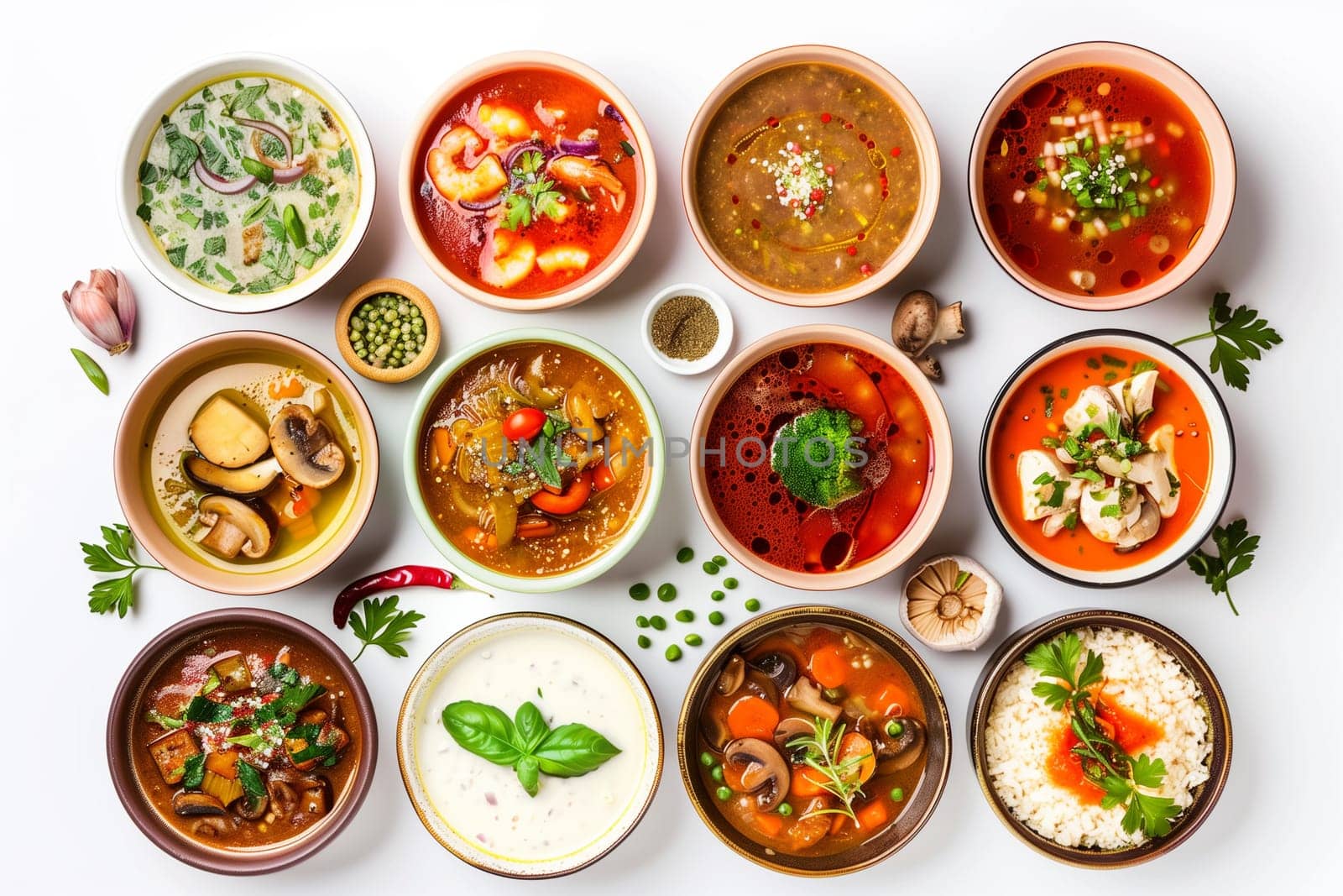 A table is covered with an assortment of bowls filled with different types of food, showcasing a variety of flavors and cuisines.