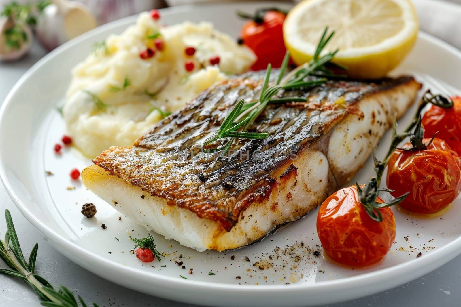 A fish fillet is served with a side of tomatoes and lemon. The fish is seasoned with pepper and lemon juice