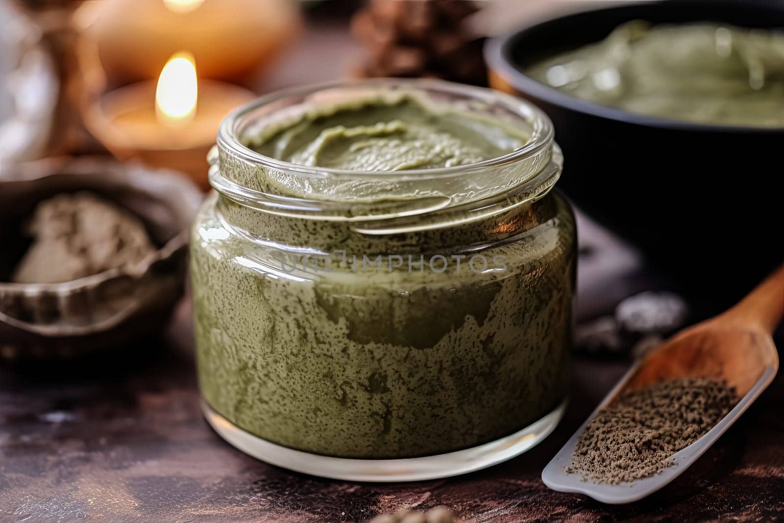 A jar of green facial clay sits on the table next to a bowl and spoon. The jar is filled with a caring face mask