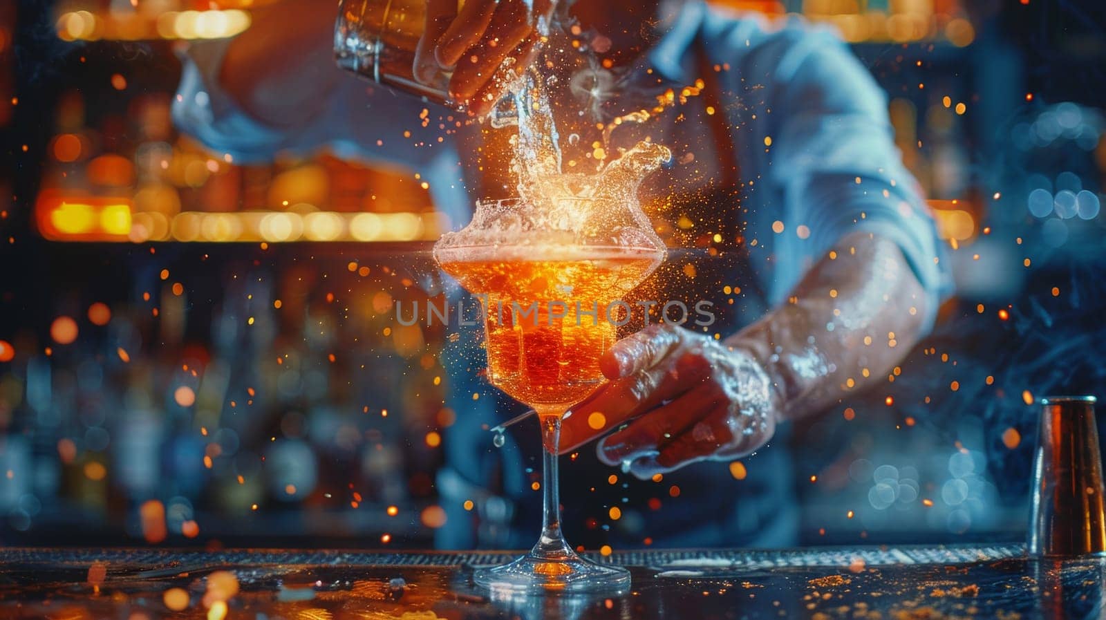 Professional bartender pouring drinks into glass in bar.