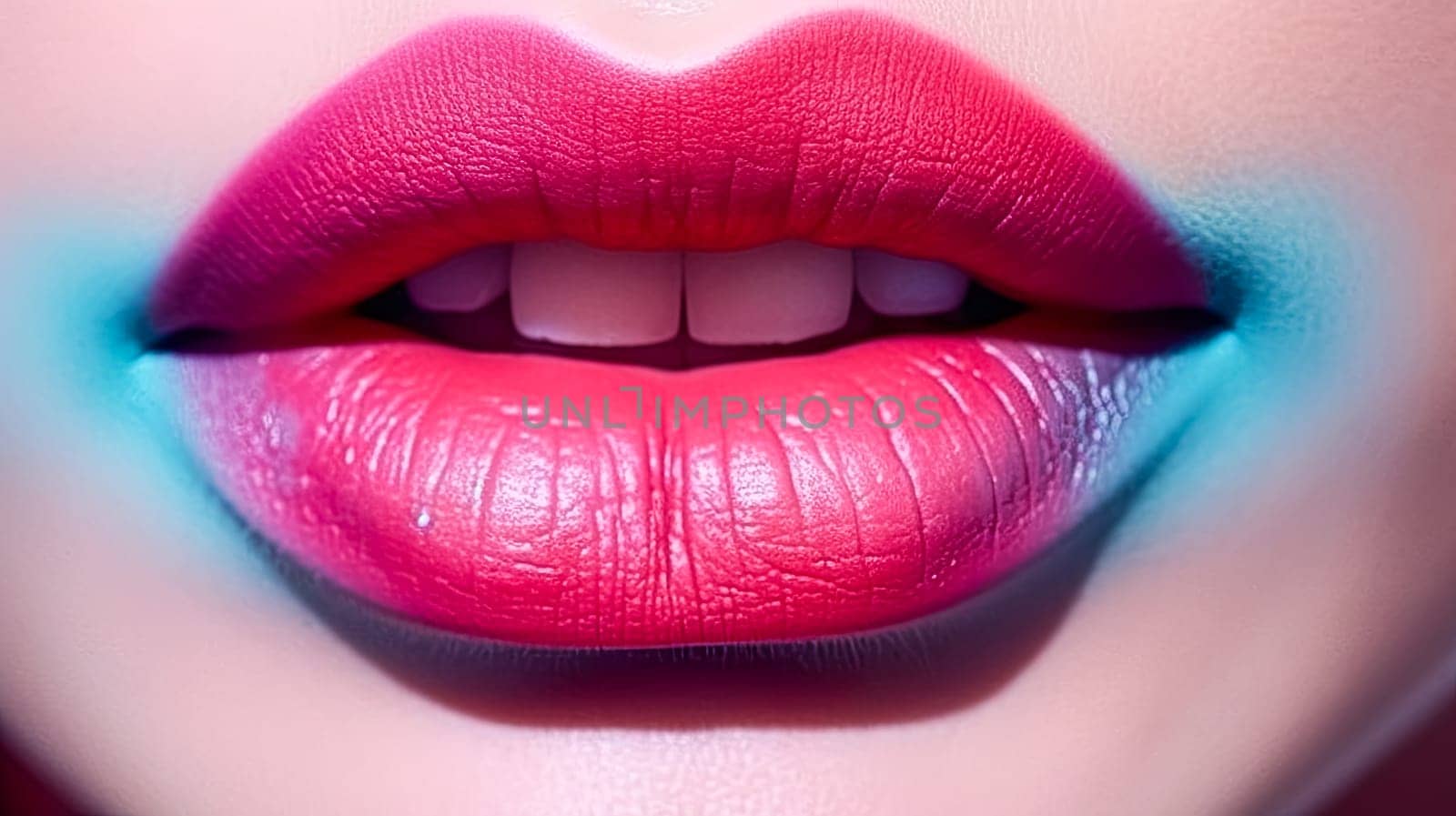 A woman's lips are painted red. The lips are very prominent in the image