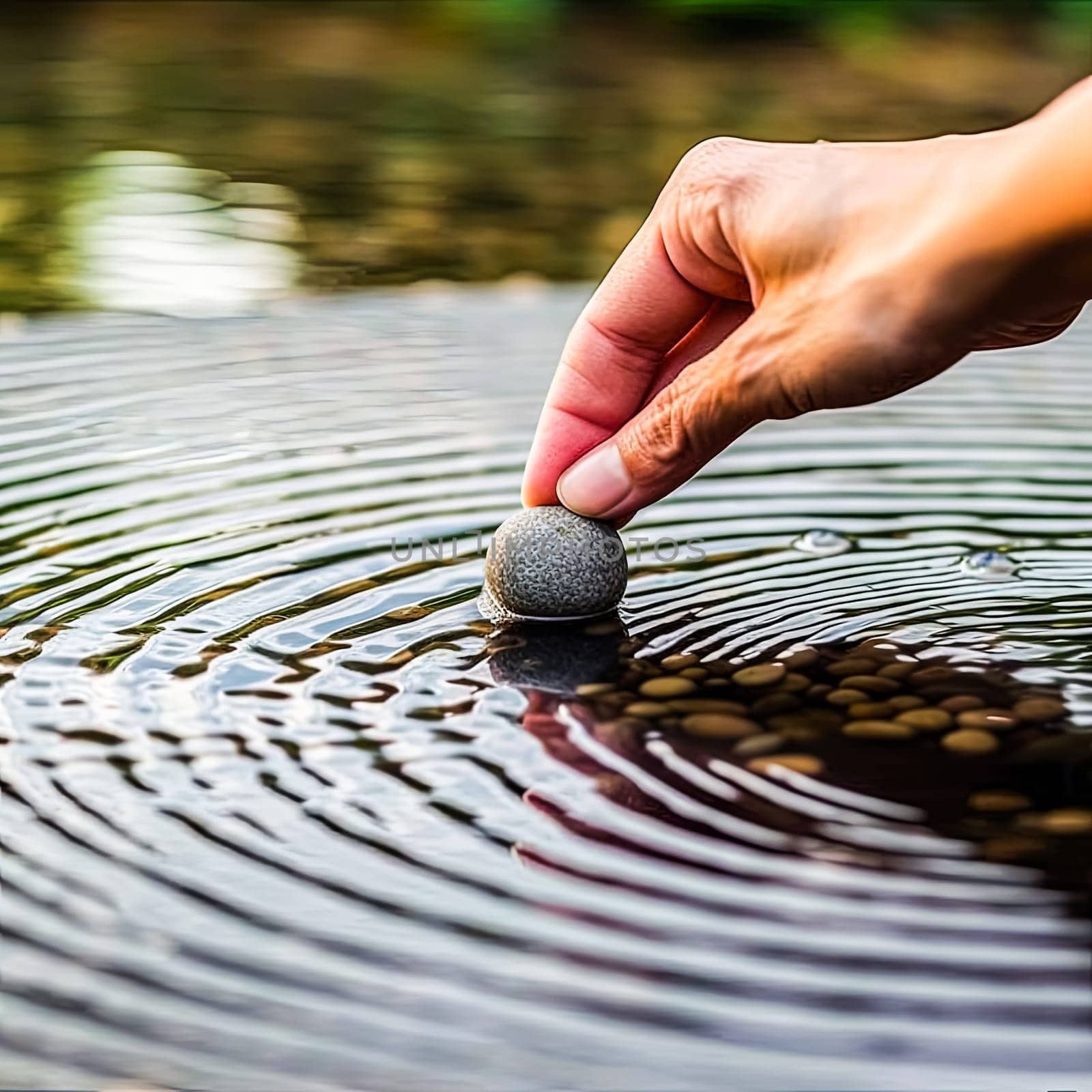 A hand is reaching into the water to pick up a small stone by Alla_Morozova93