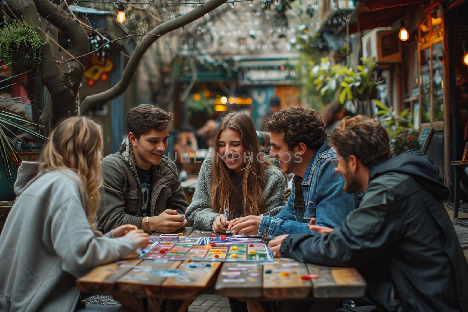 Young diverse people playing board game at park.