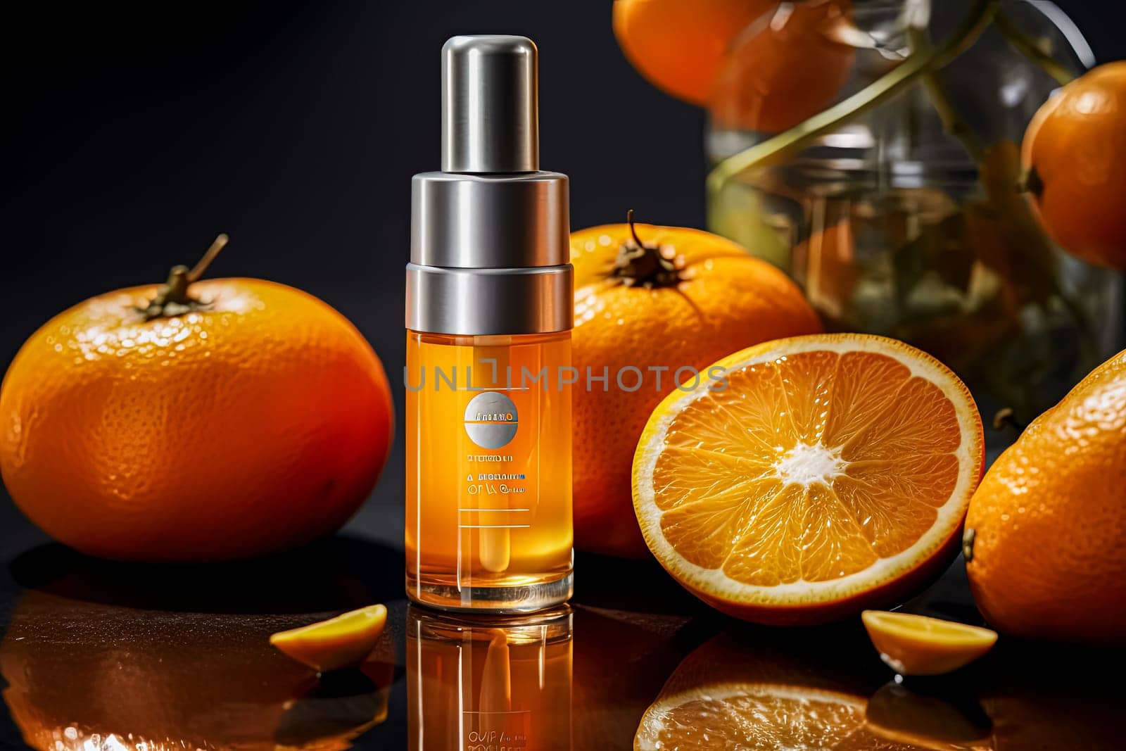 A bottle of orange face oil sits on the table surrounded by oranges, representing natural skincare.