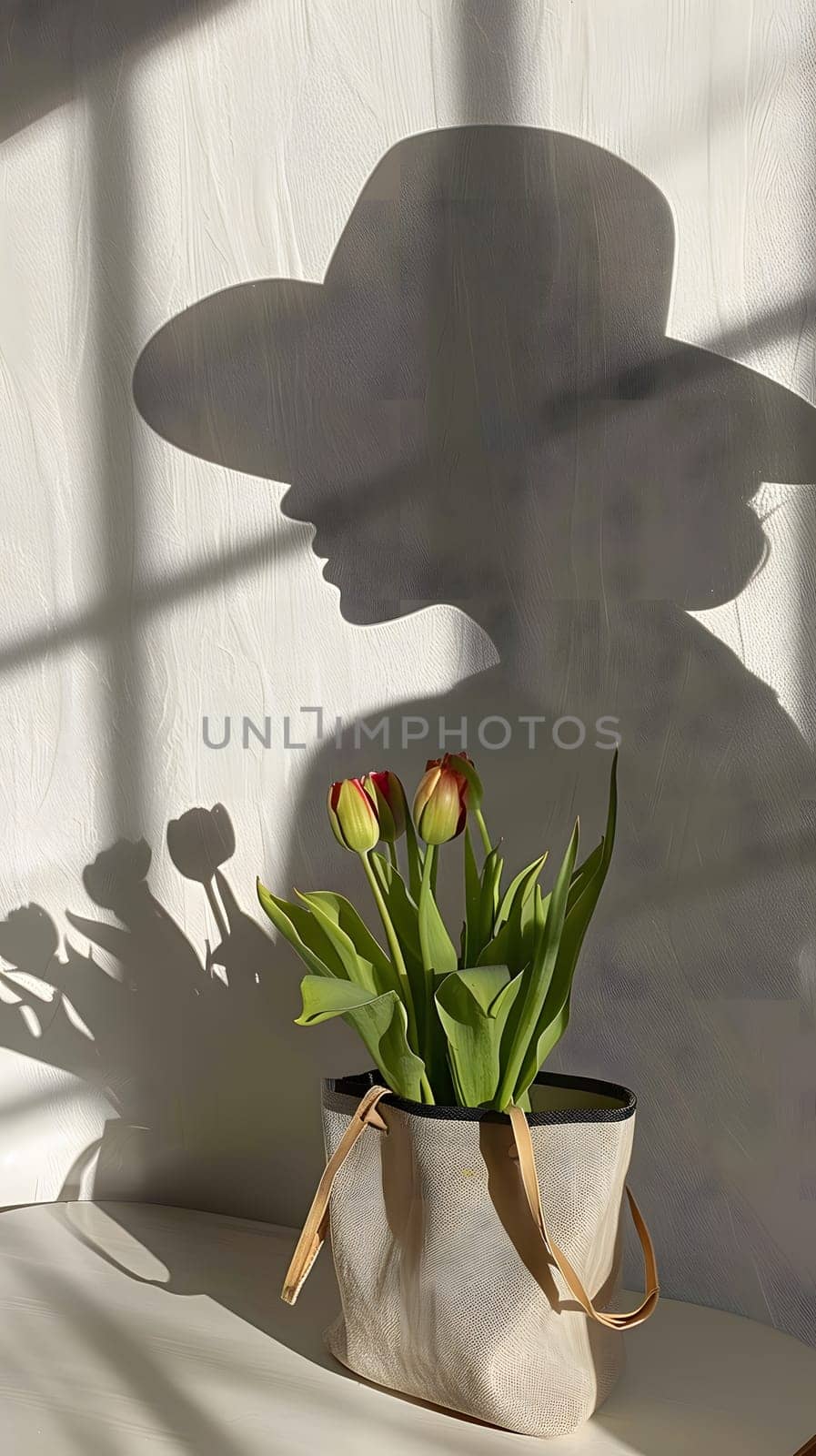 A womans shadow wearing a hat is projected onto a wall beside a houseplant in a flowerpot, creating an artful display of light and nature