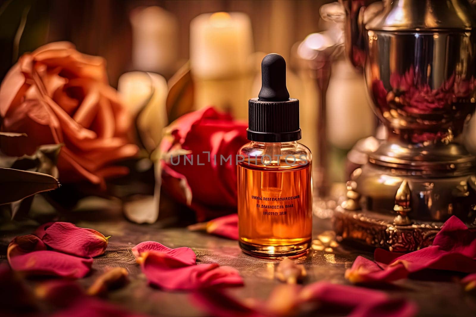 A bottle of perfume with tea rose extract rests on a table adorned with a bunch of strawberries and leaves, evoking a fresh and floral fragrance.