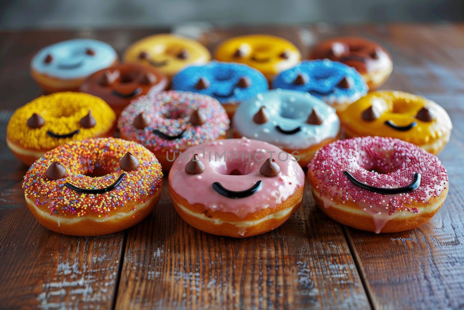 A tray of donuts with smiling faces on them. The donuts are of different colors and sizes, and they are arranged in a row. Scene is cheerful and inviting