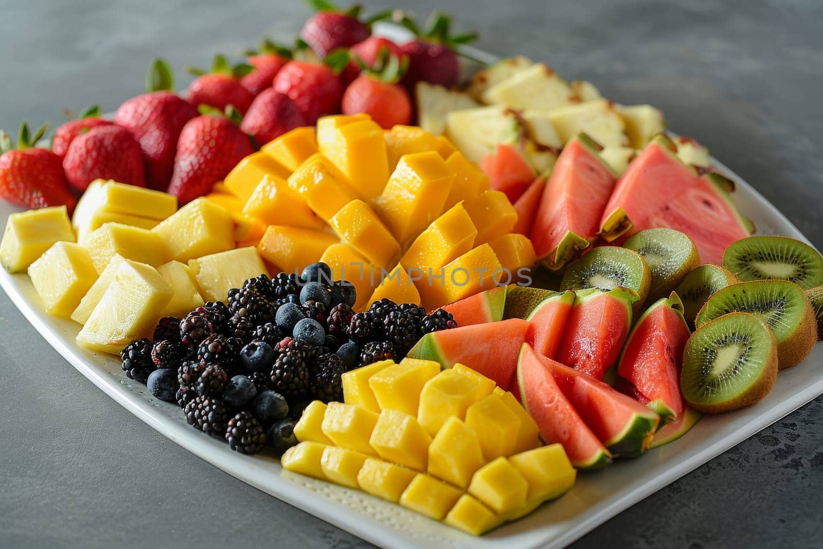 A plate of assorted fruits including watermelon, kiwi, strawberries, and pineapple. The plate is white and placed on a grey surface