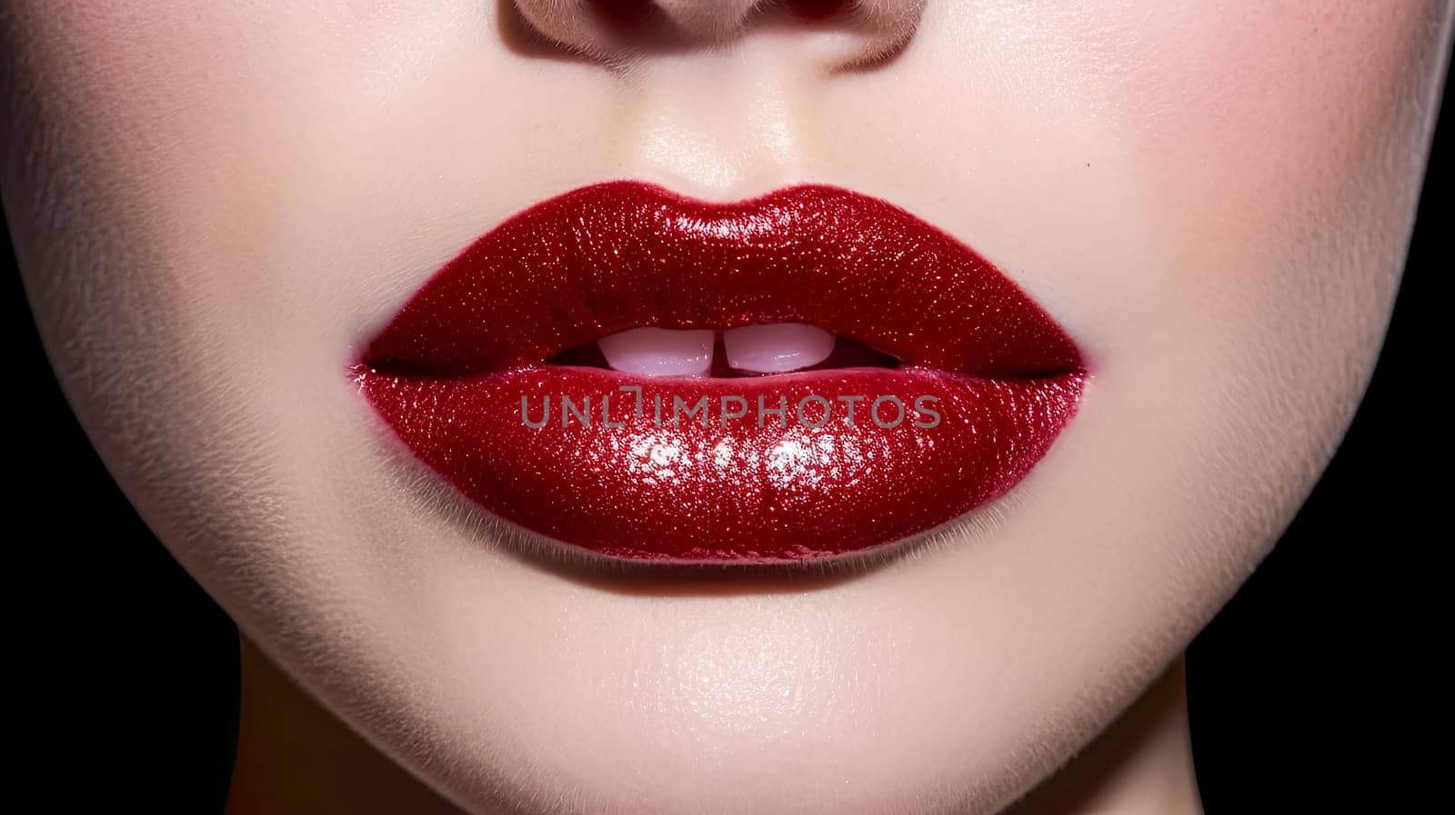 A woman's lips are painted red with glitter. Concept of glamour and sophistication