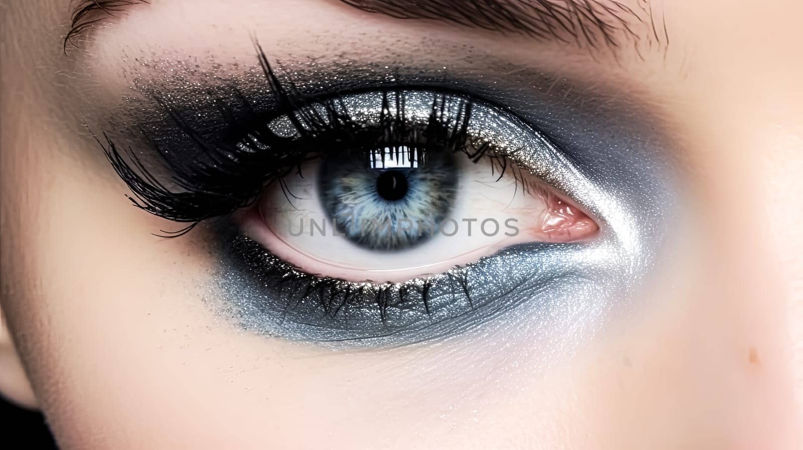 A woman with red and black eye makeup. The eye makeup is bold and dramatic, with the red and black colors contrasting against her blue eyes. Scene is edgy and confident