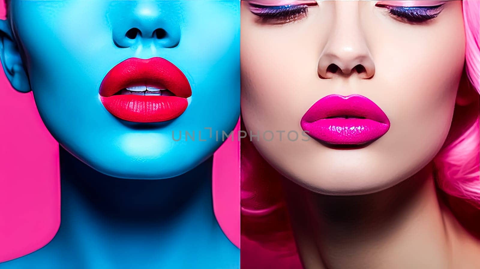 Two women with different colored lips. One is blue and the other is pink