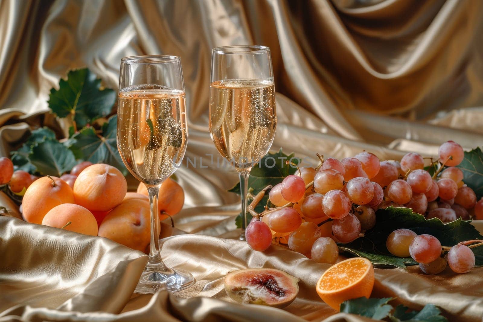 Two wine glasses filled with champagne are on a table with grapes. The wine glasses and grapes create a festive and celebratory atmosphere