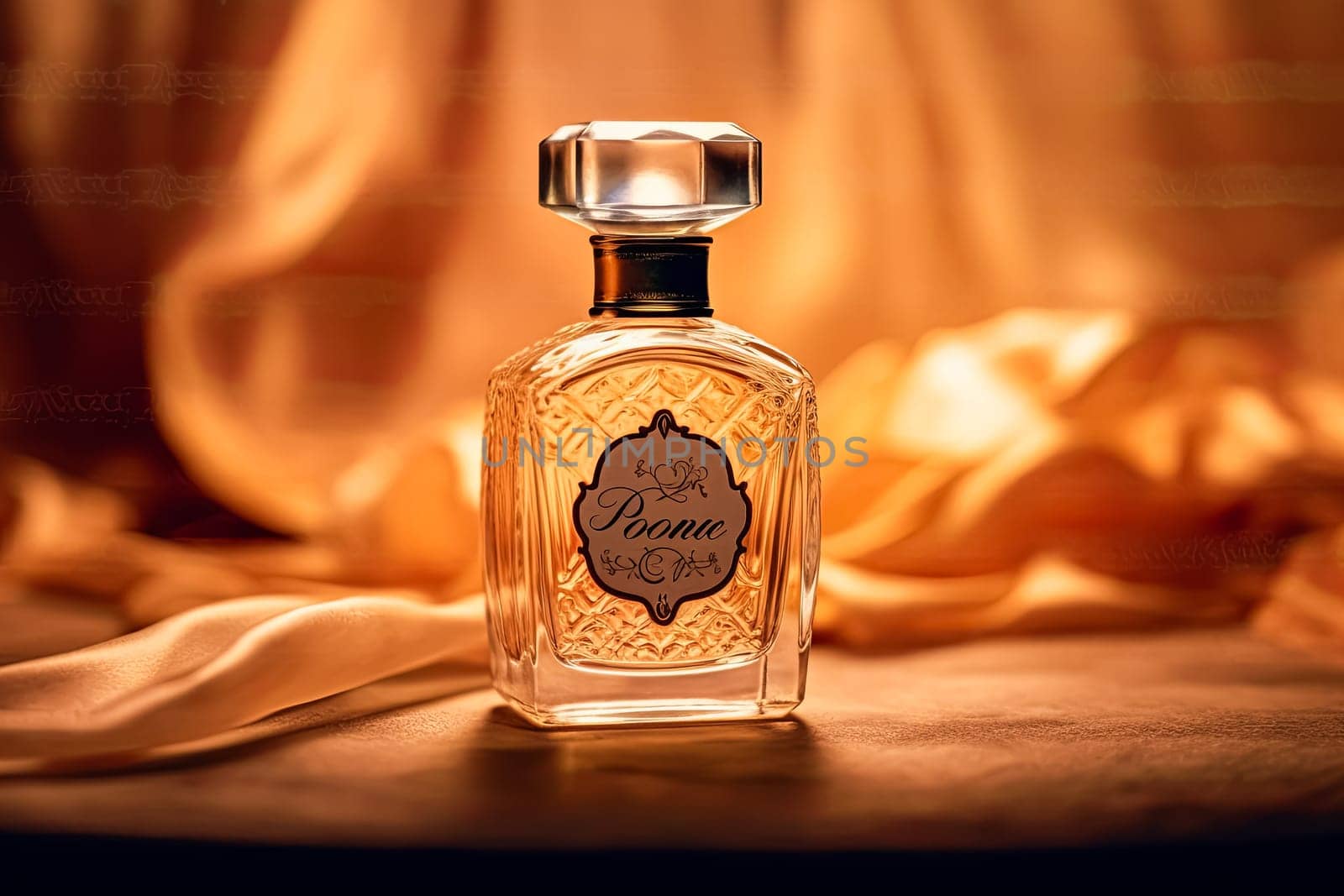 Luxury perfume with a golden insert on the bottle against a blurred background.