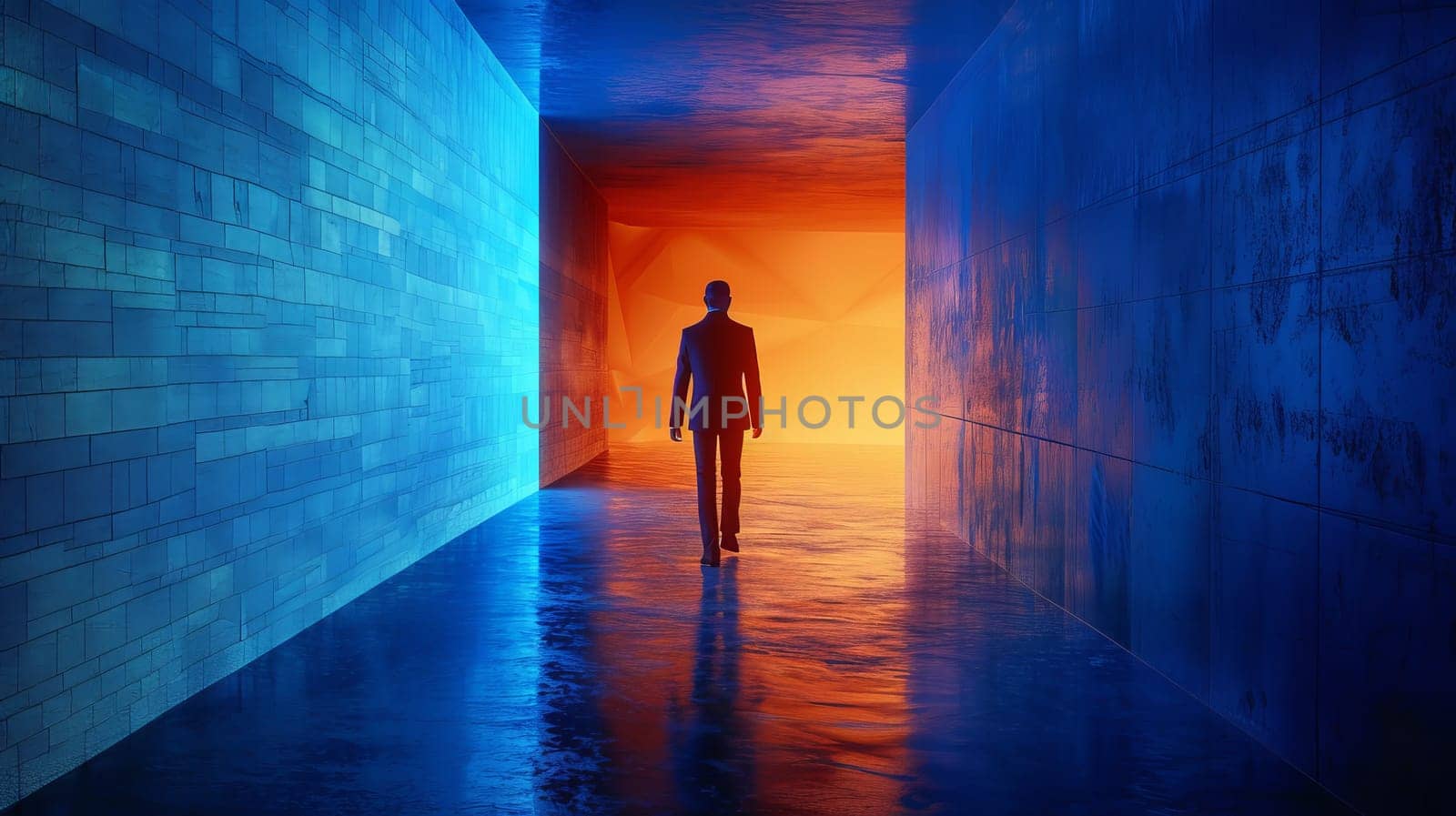 A man walks through a tunnel with a sunset in the background. The tunnel is empty and the man is the only person in the scene