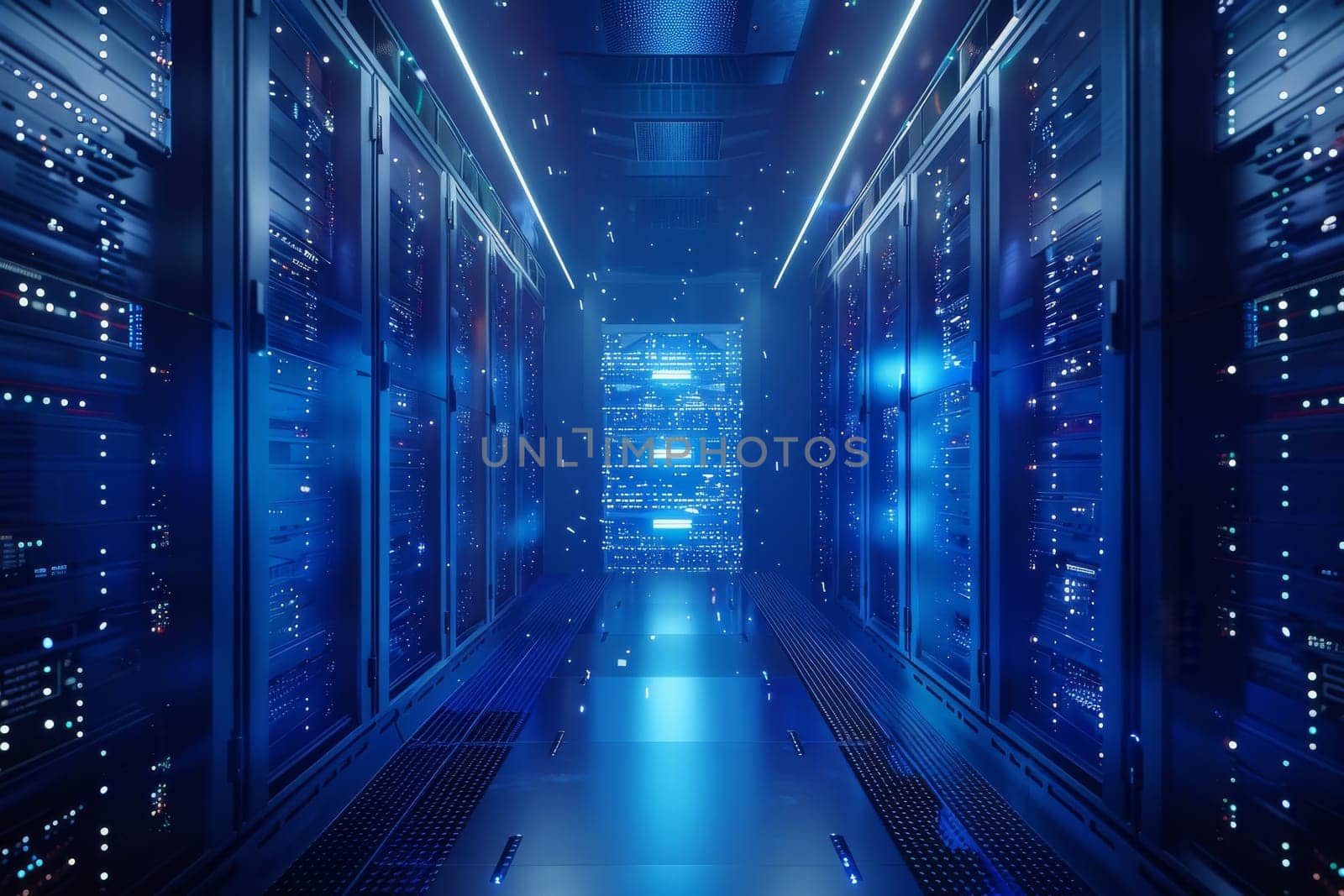 A large room with many computer servers and a blue light. The room is very large and has a futuristic feel to it