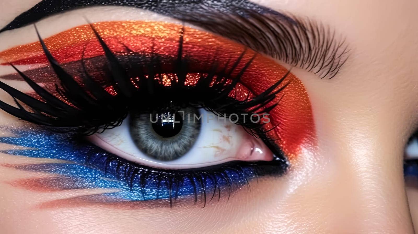 A woman's eye is painted with orange and blue eyeshadow. The eye is the main focus of the image, and the colors of the eyeshadow create a bold and striking look