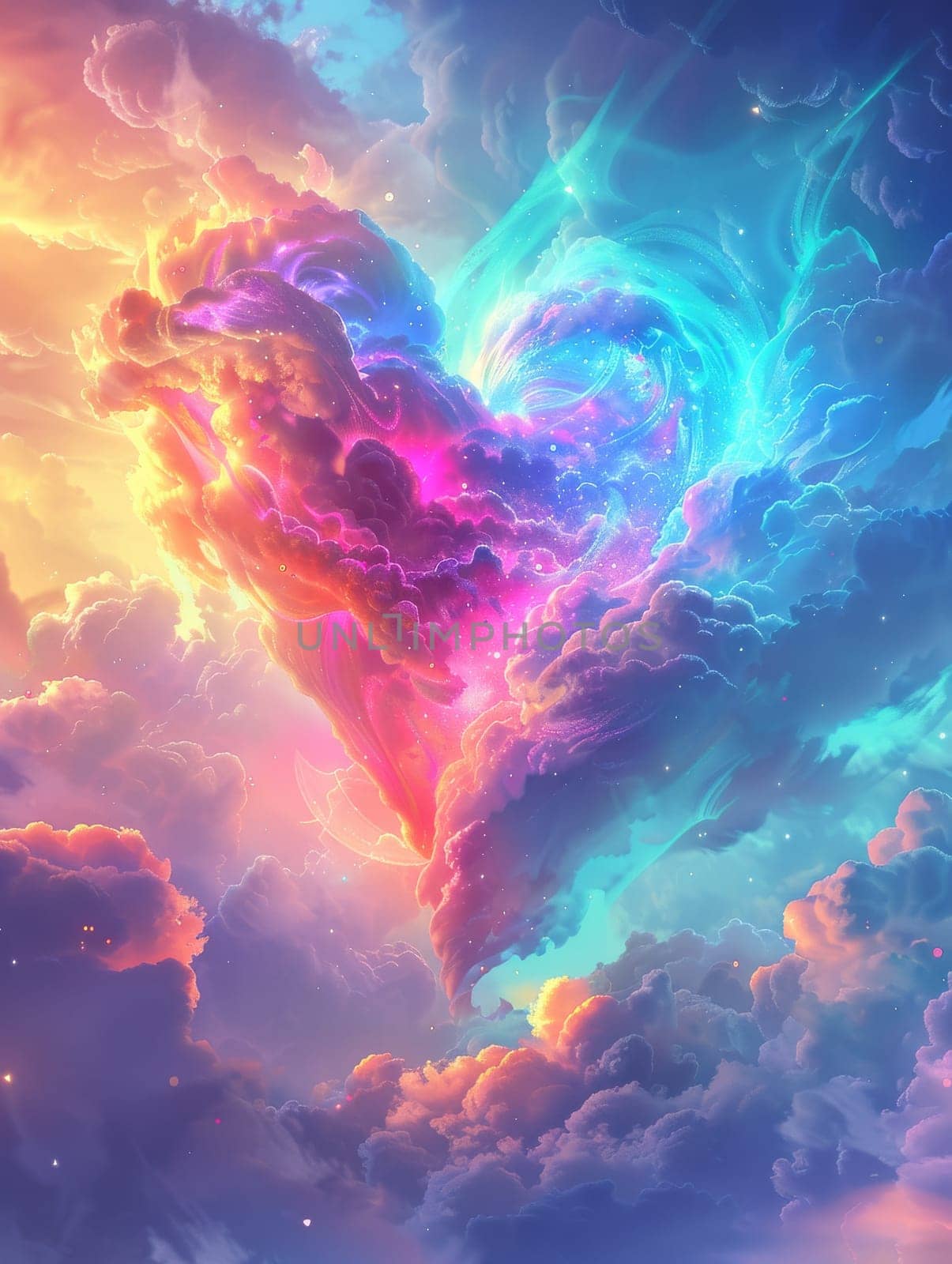 A colorful heart is surrounded by clouds in a sky. The heart is made up of different colors, and the clouds are also colorful. The image has a dreamy and whimsical mood