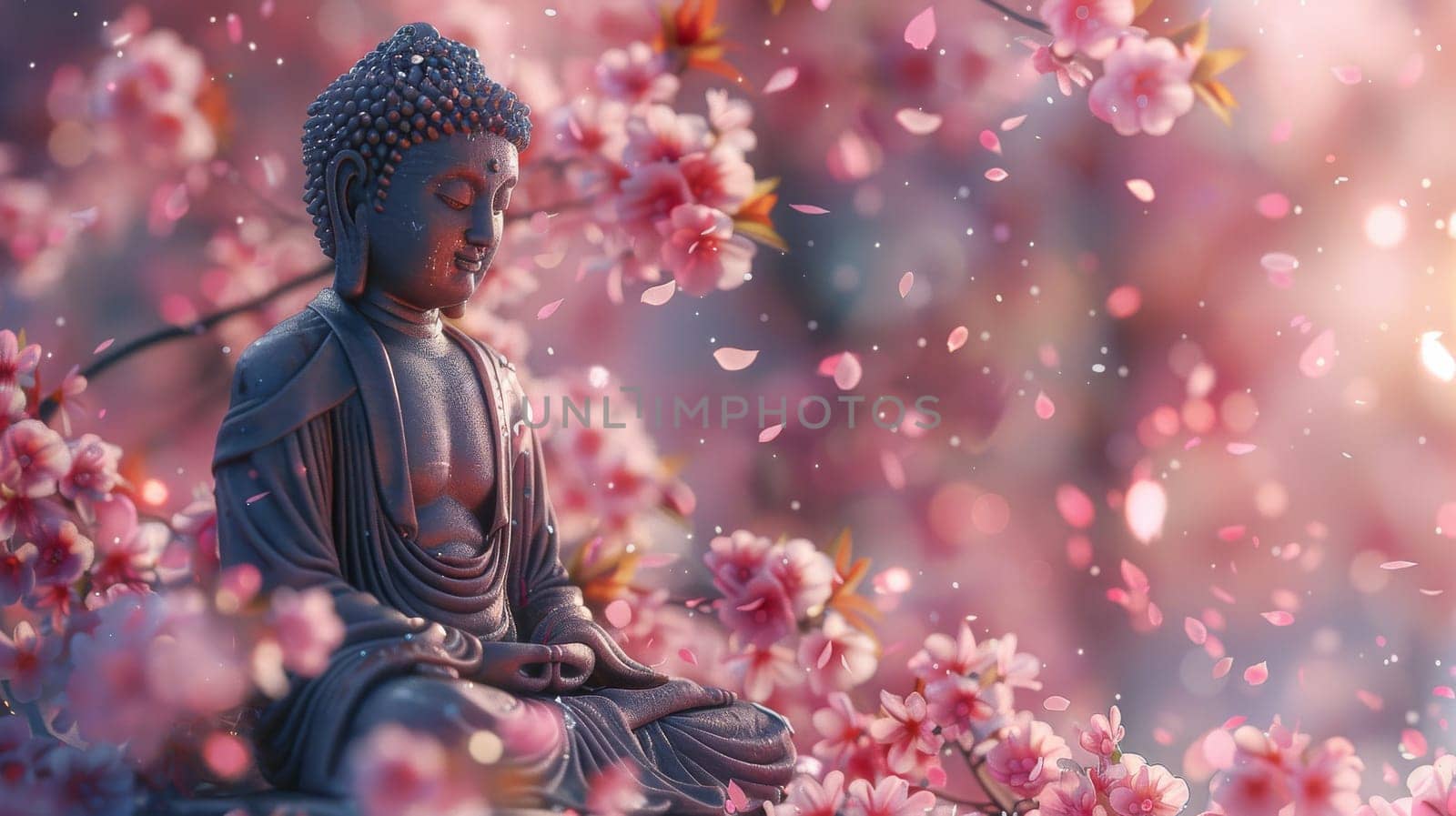 A statue of a Buddha is sitting on a tree branch with pink flowers. The scene is serene and peaceful, with the statue and flowers creating a sense of calm and tranquility