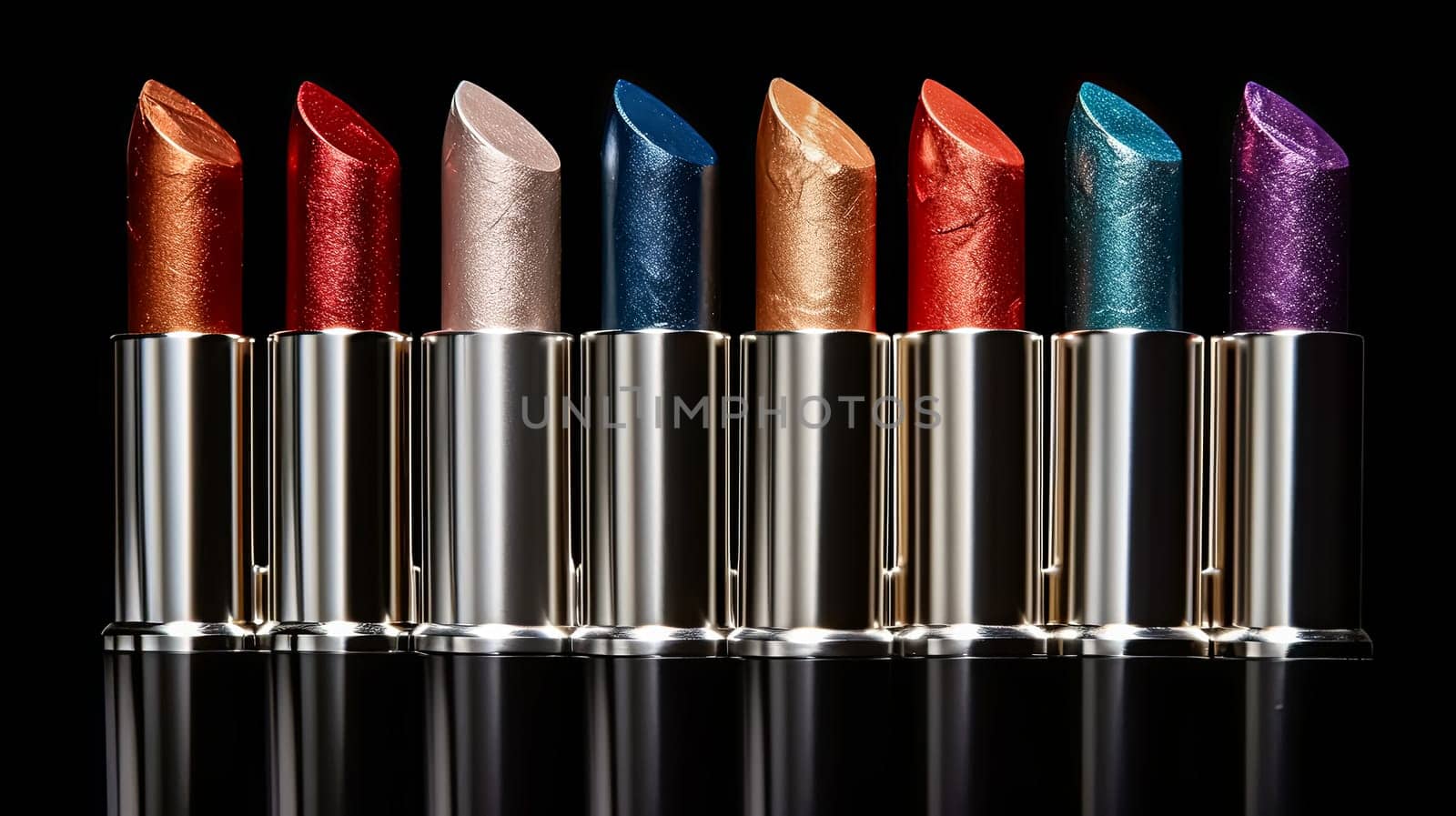 A row of lipsticks with glittery colors. The lipsticks are arranged in a row, with the first one being red and the last one being gold