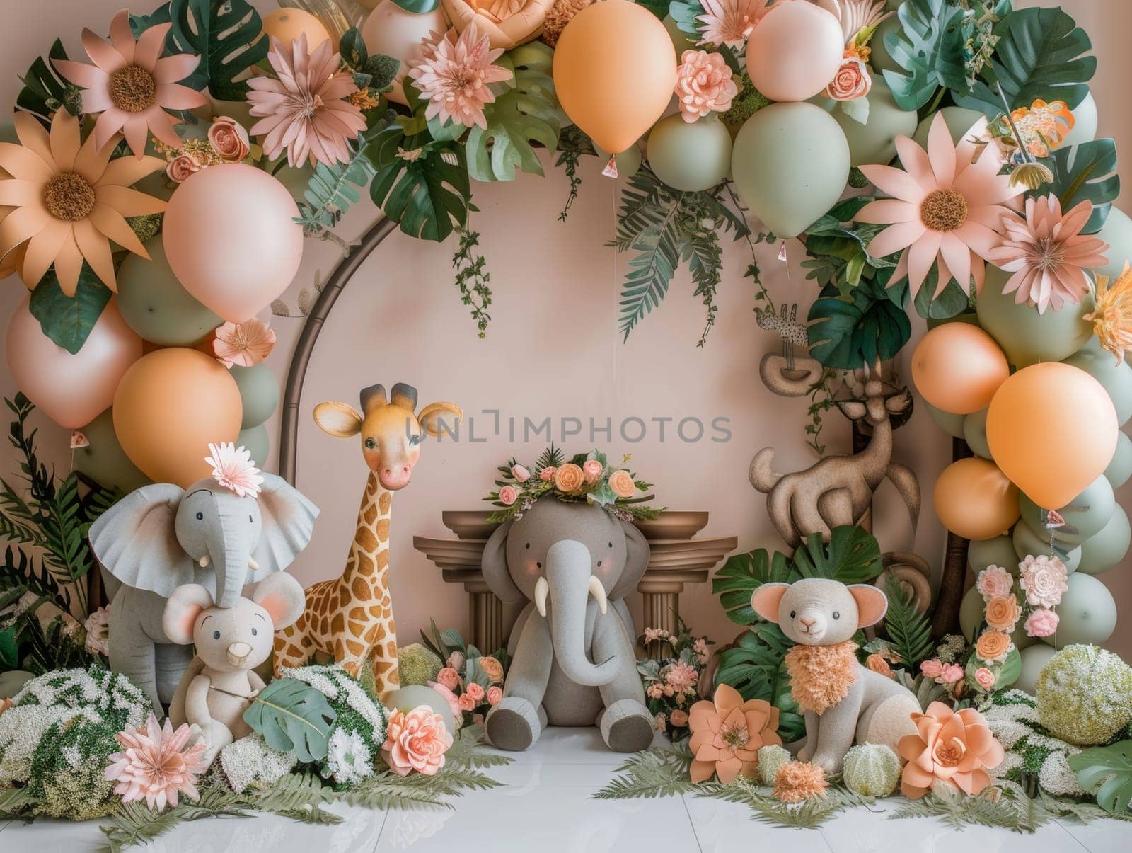 A group of stuffed animals are arranged in a room with pink walls and pink balloons. The animals include giraffes, elephants, and zebras. The scene is set up for a baby shower or a children's party