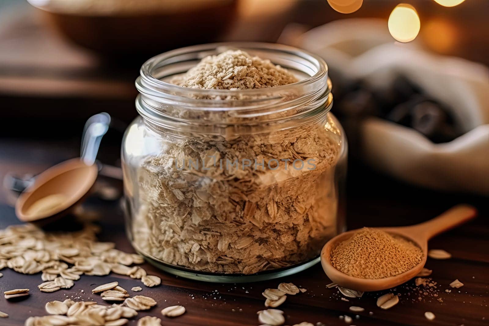 A jar of oatmeal is on a table with a spoon and a pile of oatmeal. The jar is half full and the oatmeal is scattered around it