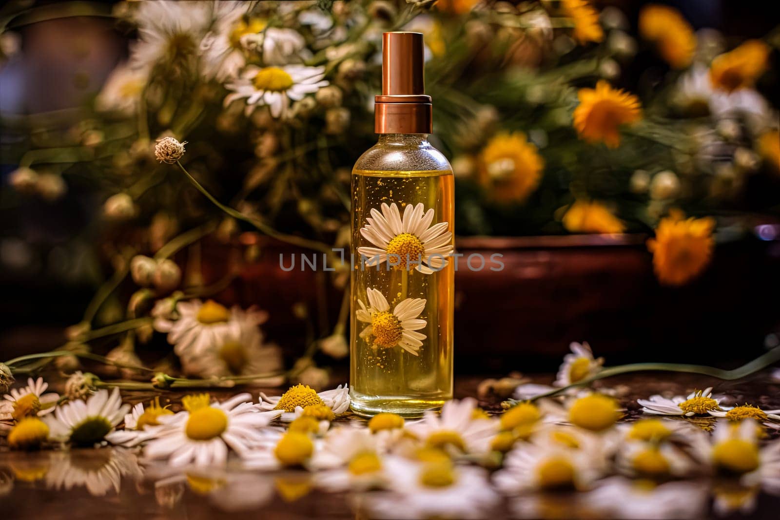 A bottle of essential oil is on a table next to a bunch of yellow flowers. The bottle is made of glass and has a cork stopper