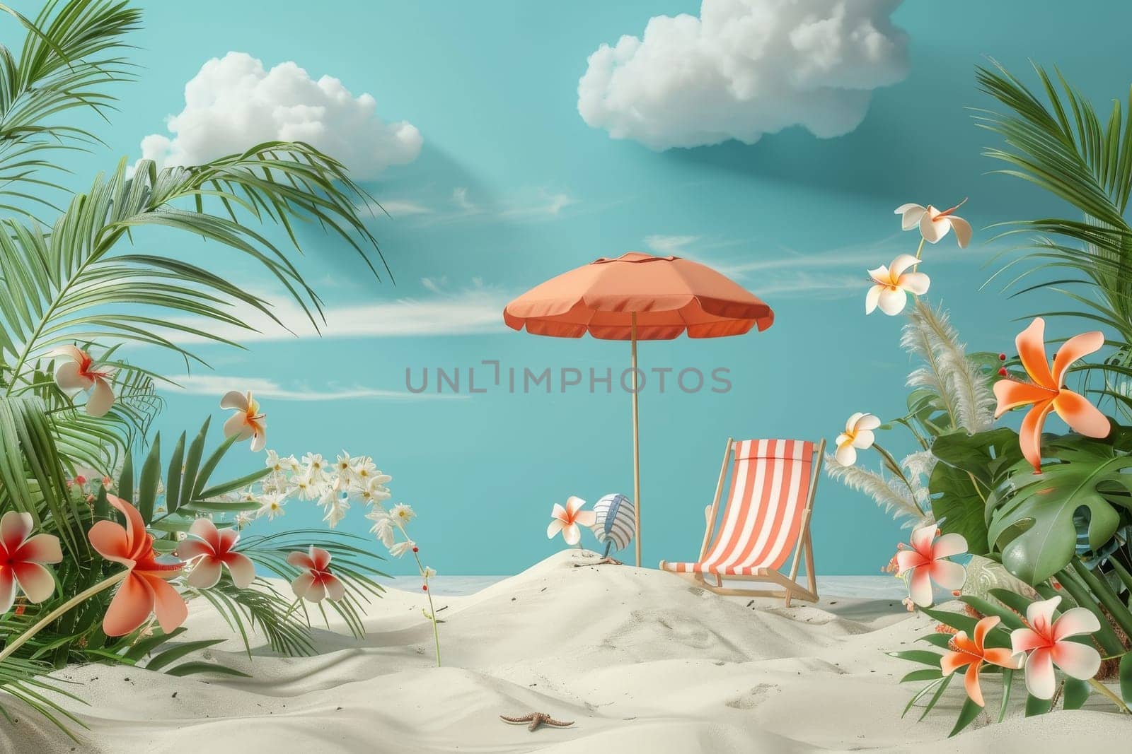 A beach scene with a red and white umbrella and a lounge chair. The scene is bright and cheerful, with lots of flowers and a clear blue sky