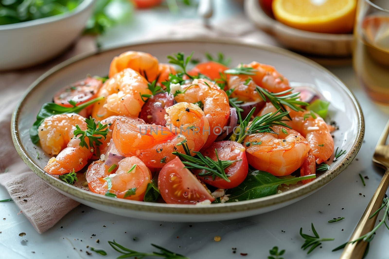 A plate of shrimp and tomatoes with parsley and lemon wedges. The plate is set on a table with a wine glass and a fork