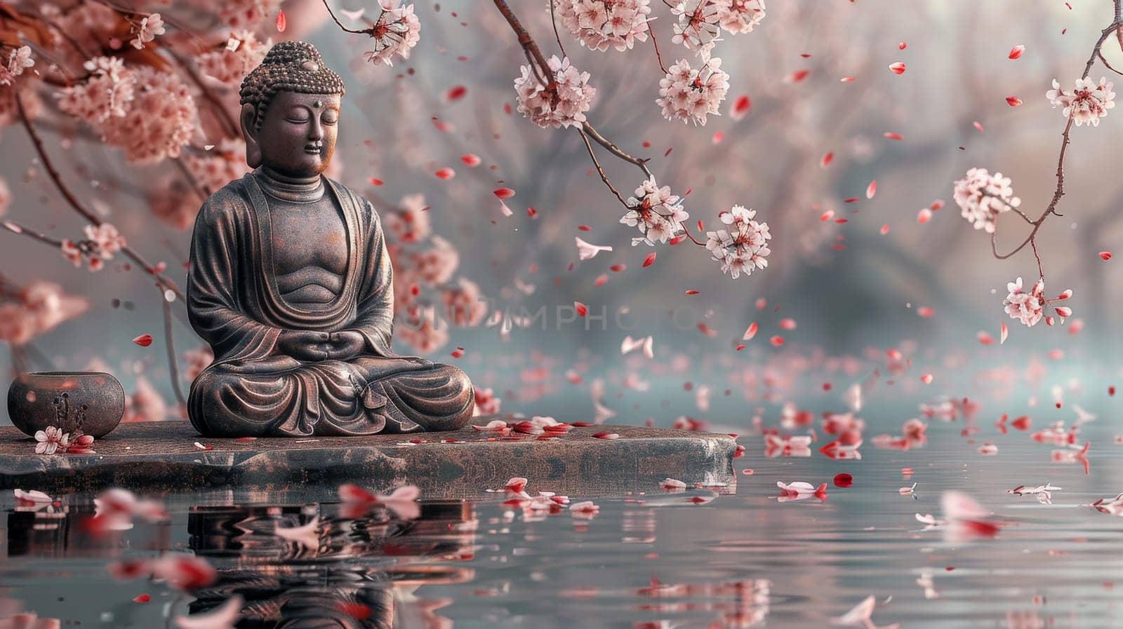 A statue of a Buddha is sitting on a tree branch with pink flowers. The scene is serene and peaceful, with the statue and flowers creating a sense of calm and tranquility