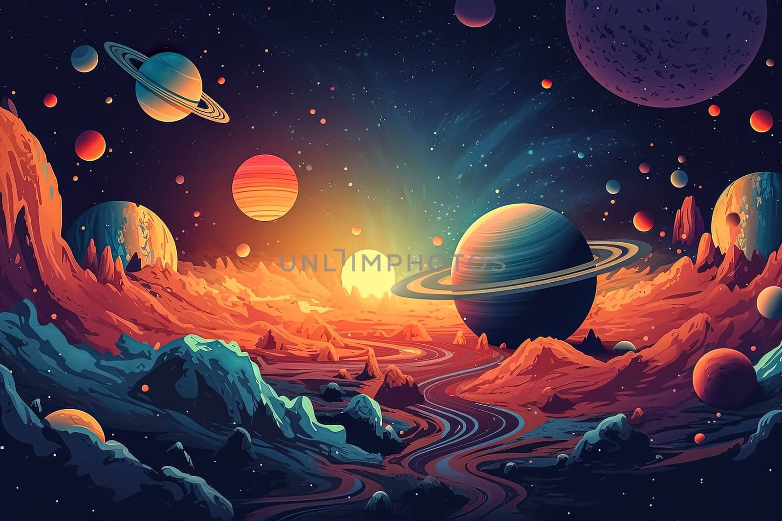 A painting of a galaxy with many planets and stars. The painting is full of color and has a sense of depth. The mood of the painting is peaceful and serene