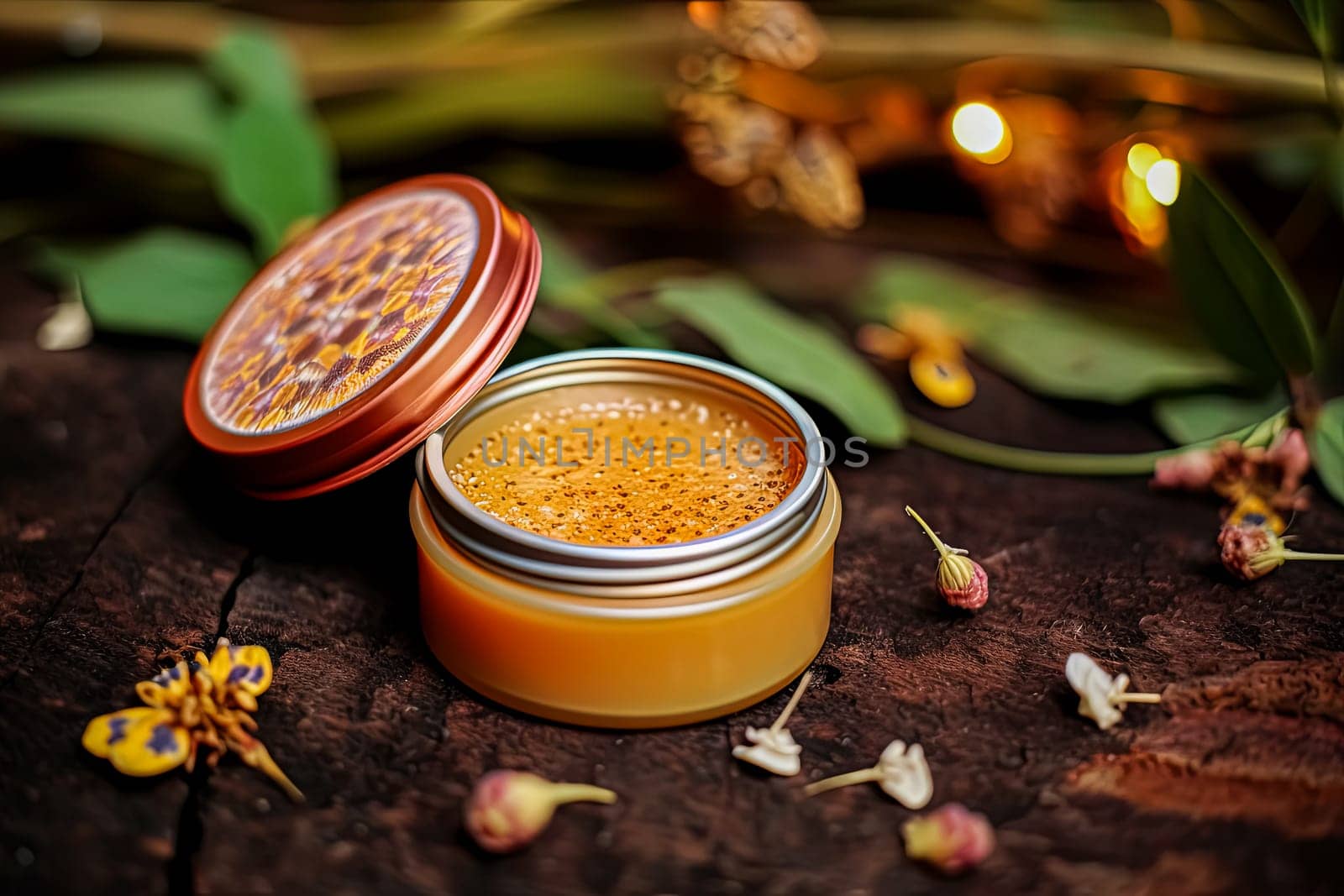 A metal jar of beeswax for the face sits on the table, providing hydration and skincare for both face and body.