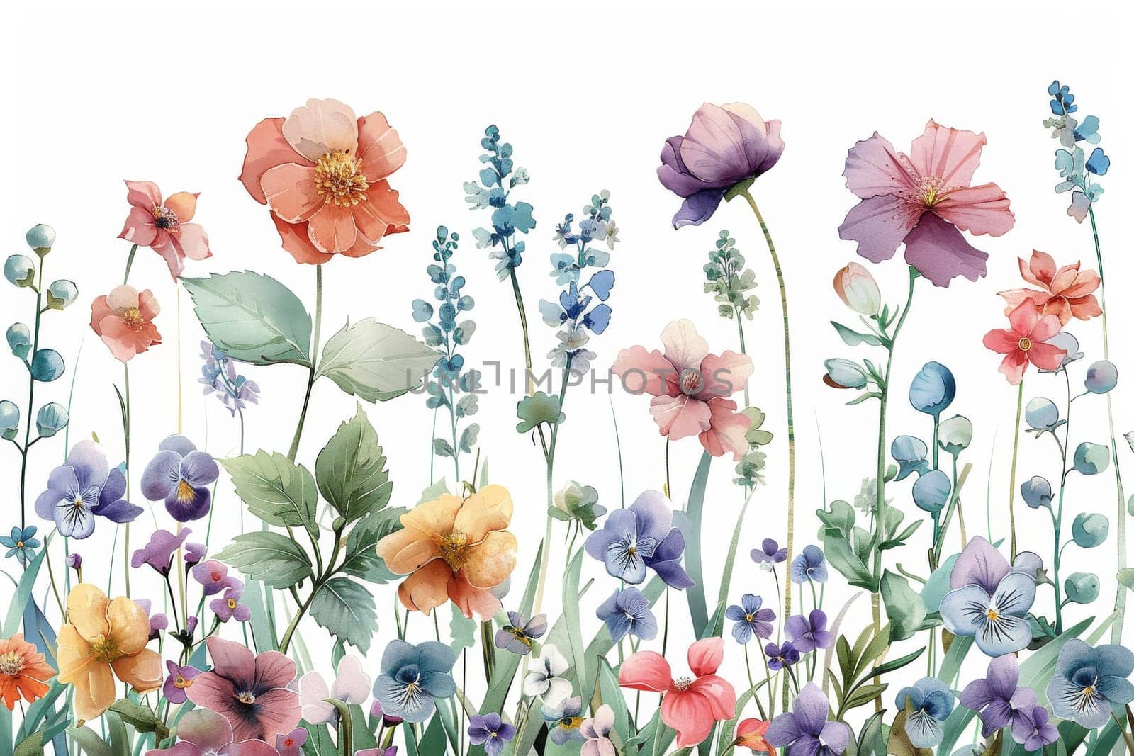 A painting of a field of flowers with a white background. The flowers are in various colors, including purple, blue, and yellow. The painting has a serene and peaceful mood