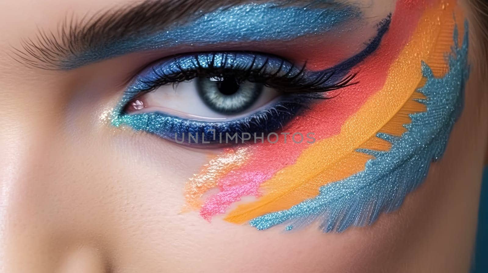 A woman's eye is painted with a colorful feather pattern. The colors are blue, orange, and yellow. The eye is the main focus of the image, and the colors and pattern create a vibrant