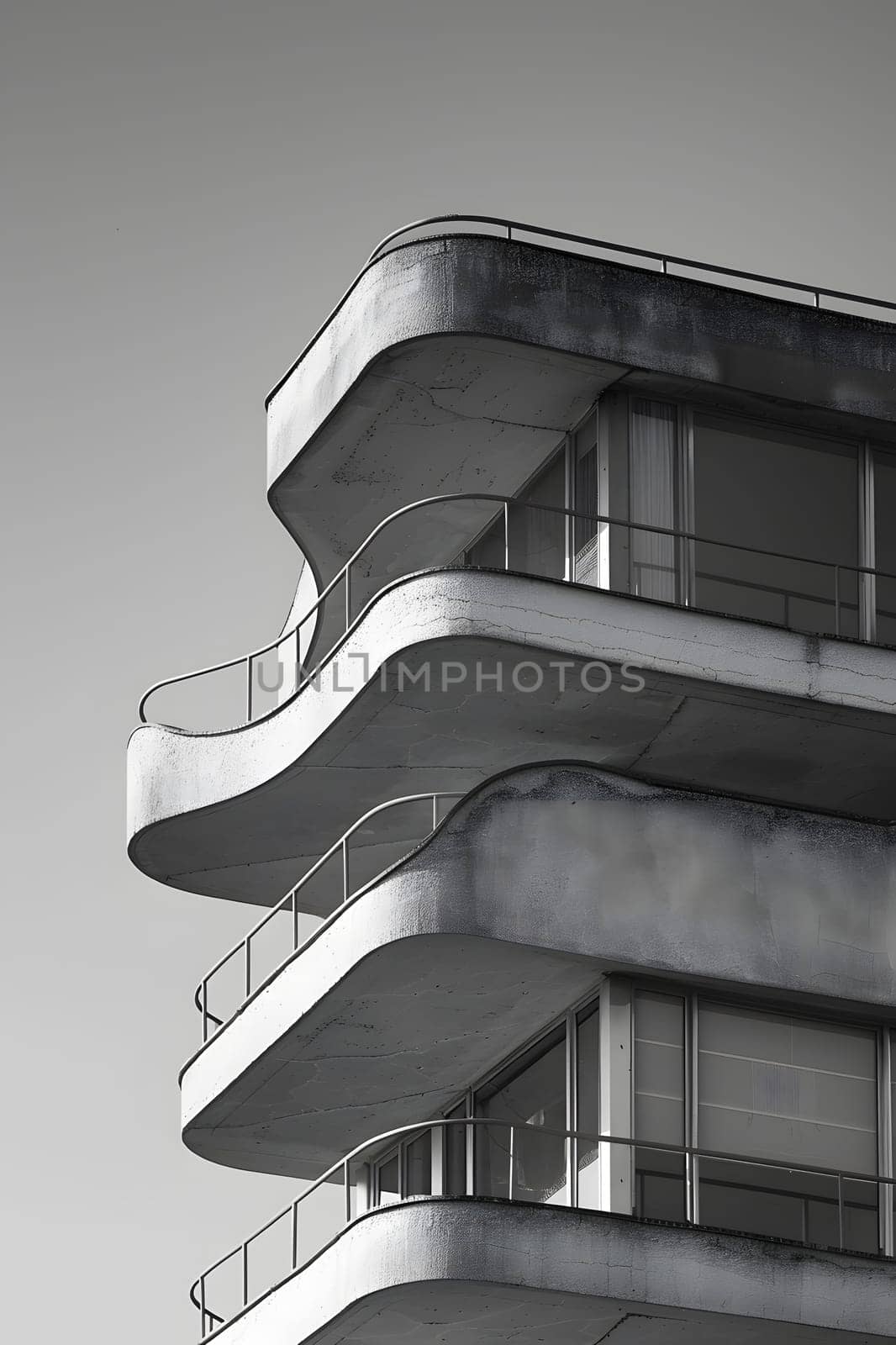 A grayscale photo showcasing a rectangular building with numerous balconies. The composite material facade contrasts beautifully with the sky, creating a striking city fixture