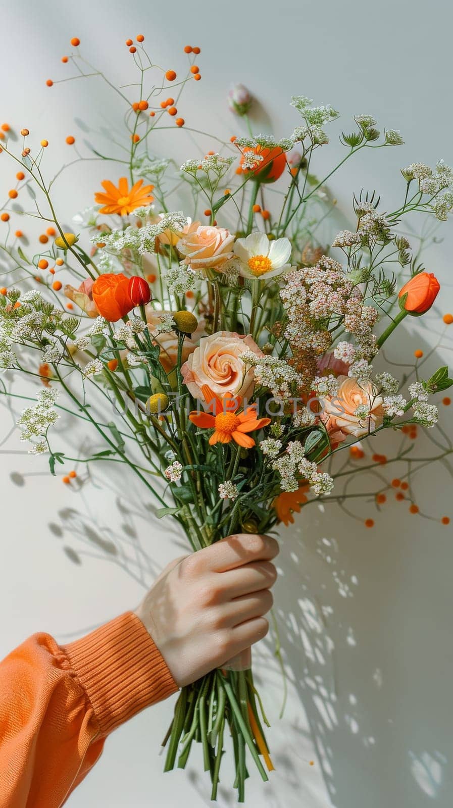 A woman is holding a bouquet of flowers, which includes roses, daisies, and sunflowers. The flowers are arranged in a vase, and the woman is wearing an orange shirt