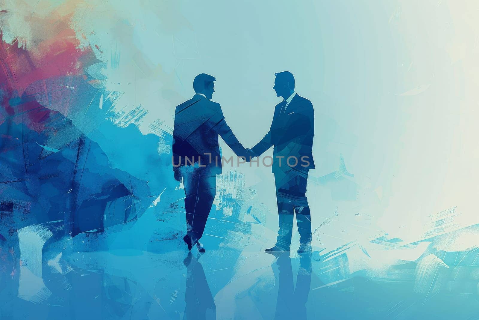 Two men shake hands in a blue and white background. Concept of professionalism and trust between the two men