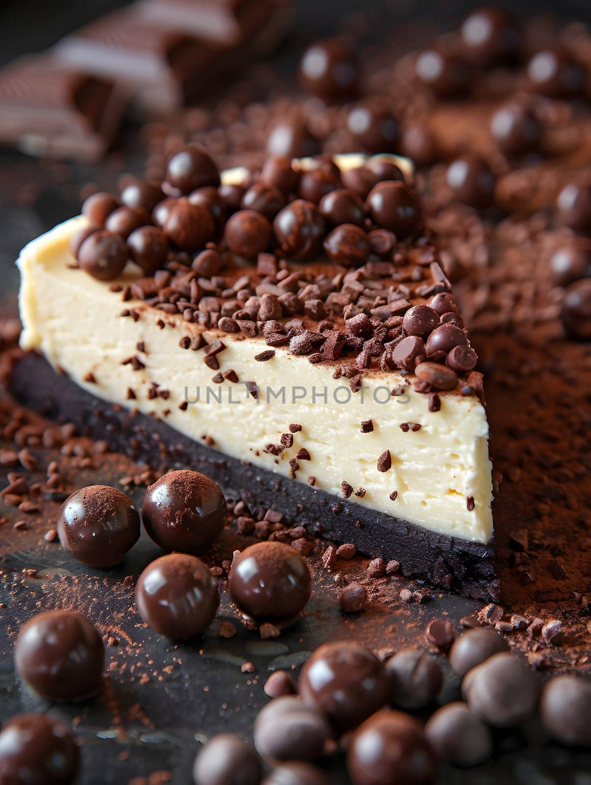 A delectable slice of cheesecake adorned with chocolate sprinkles, a delightful treat for your taste buds. A mouthwatering combination of creamy baked goods and sweet ingredients