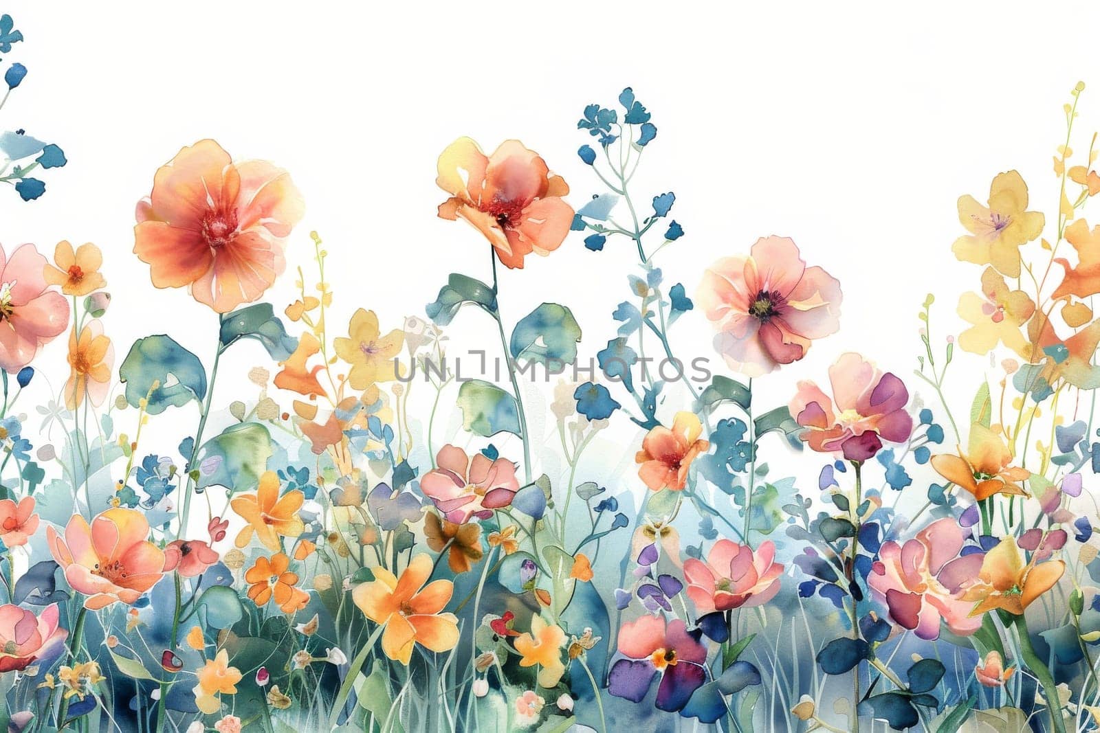 A painting of a field of flowers with a white background. The flowers are in various colors, including purple, blue, and yellow. The painting has a serene and peaceful mood