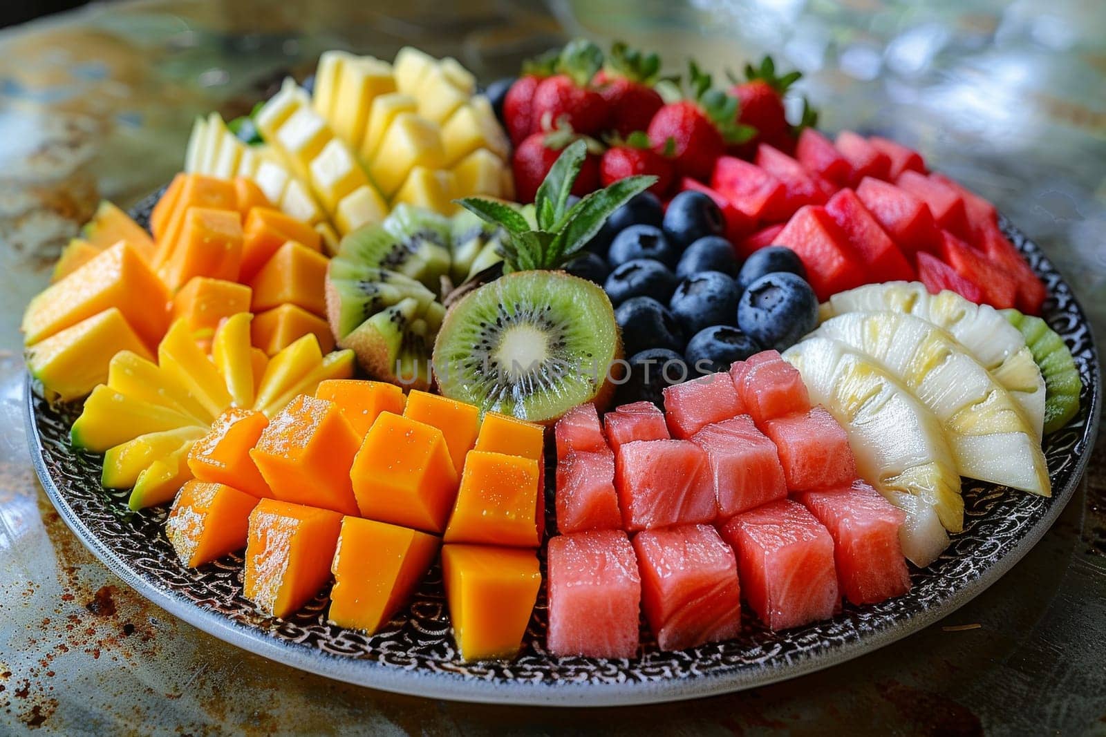 A plate of assorted fruits including watermelon, kiwi, strawberries, and pineapple. The plate is white and placed on a grey surface