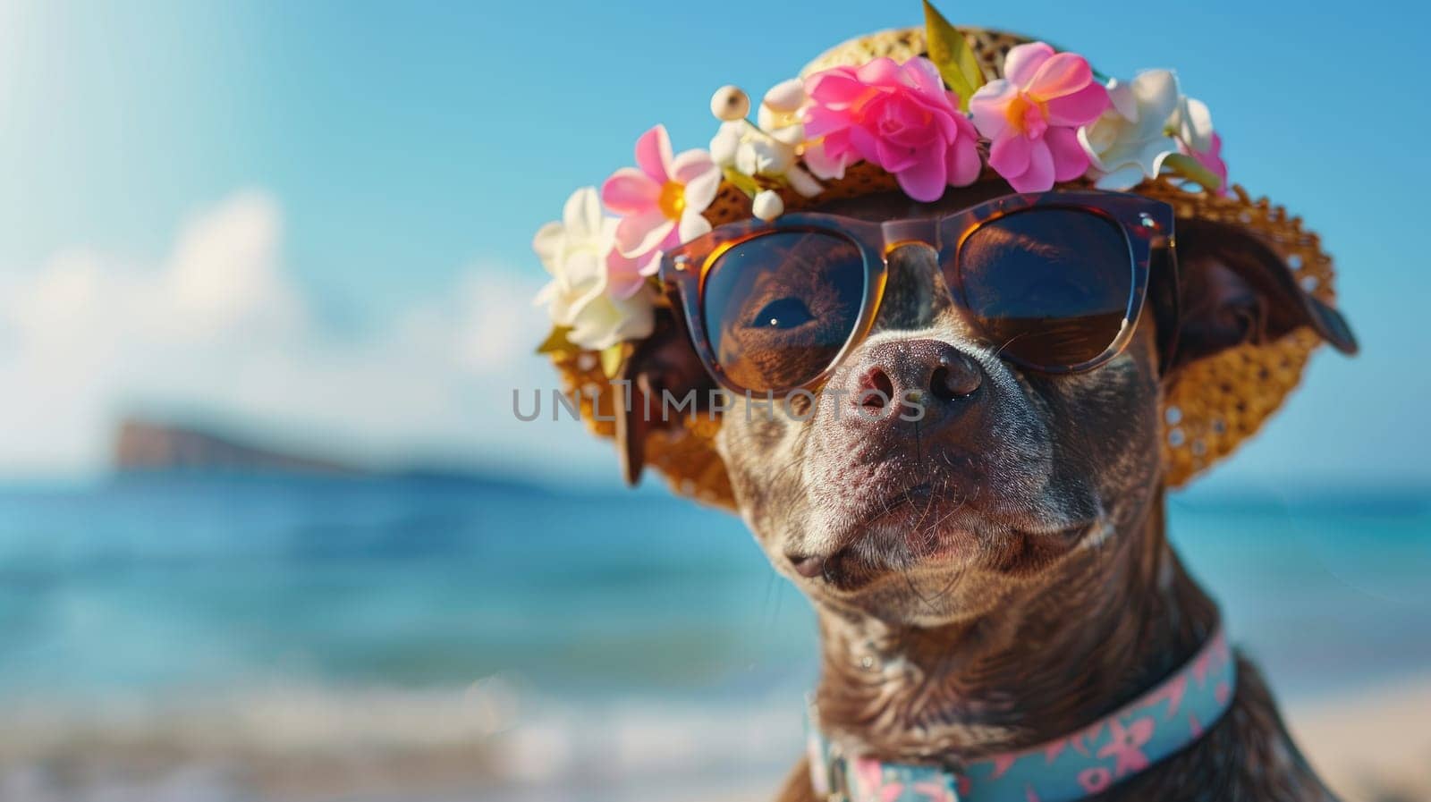 A dog wearing sunglasses and a straw hat is standing on a beach. The dog is smiling and he is enjoying the sunny day, Summer background.