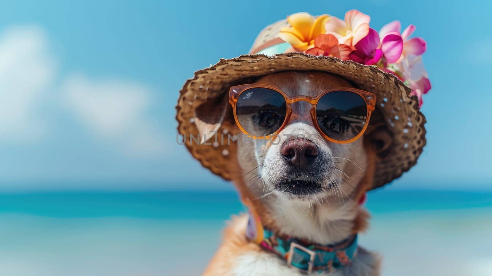 A dog wearing sunglasses and a straw hat is standing on a beach. The dog is smiling and he is enjoying the sunny day.