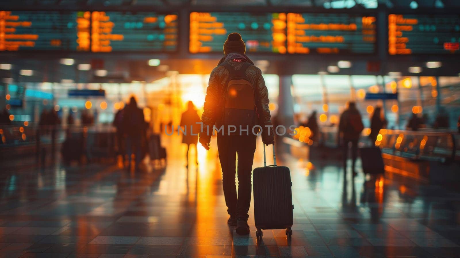 A man is walking through an airport with a suitcase and a backpack.