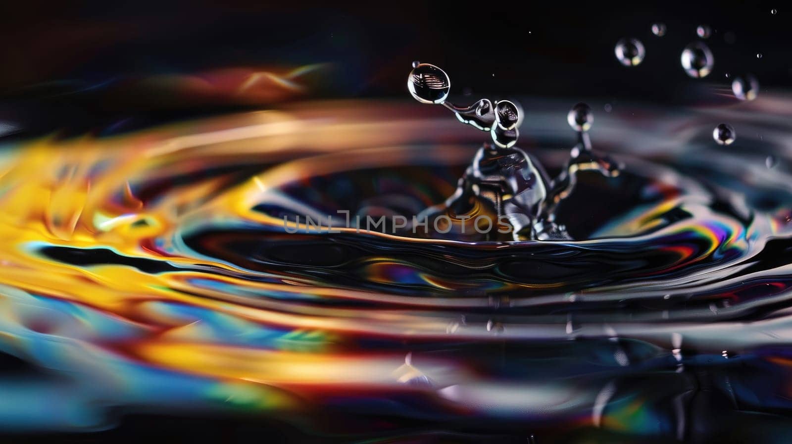 A splash of water with a rainbow effect. The water is in a circular shape and has a splash of water coming out of it.