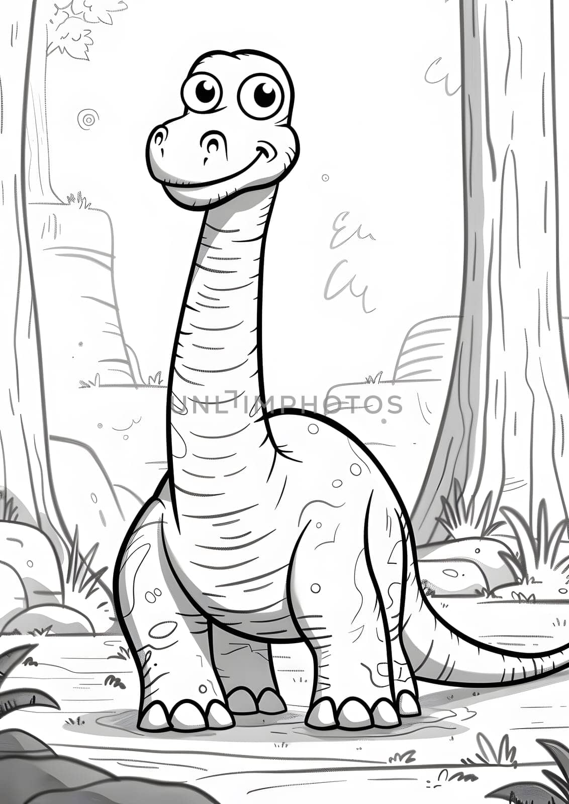 An illustration of a happy dinosaur, a terrestrial animal with a powerful jaw and tail, standing in the woods. The black and white drawing showcases the adaptation of this ancient organism