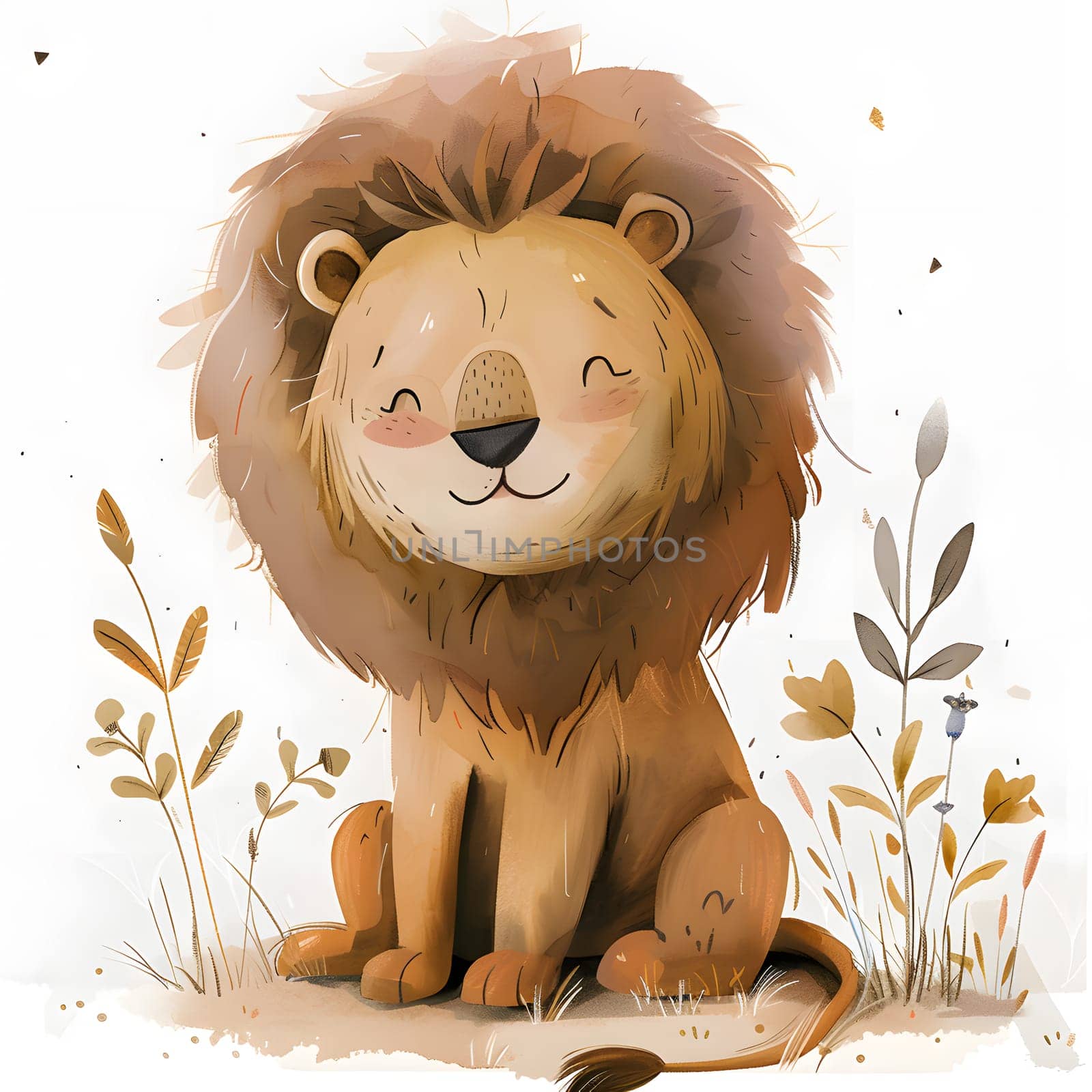 Brown Felidae Carnivore Lion with closed eyes sitting in grass by Nadtochiy