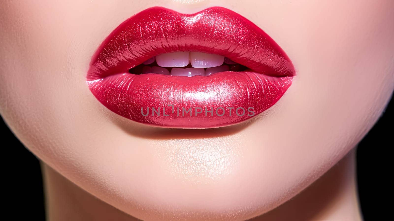 A woman's lips are painted red with glitter. Concept of glamour and sophistication