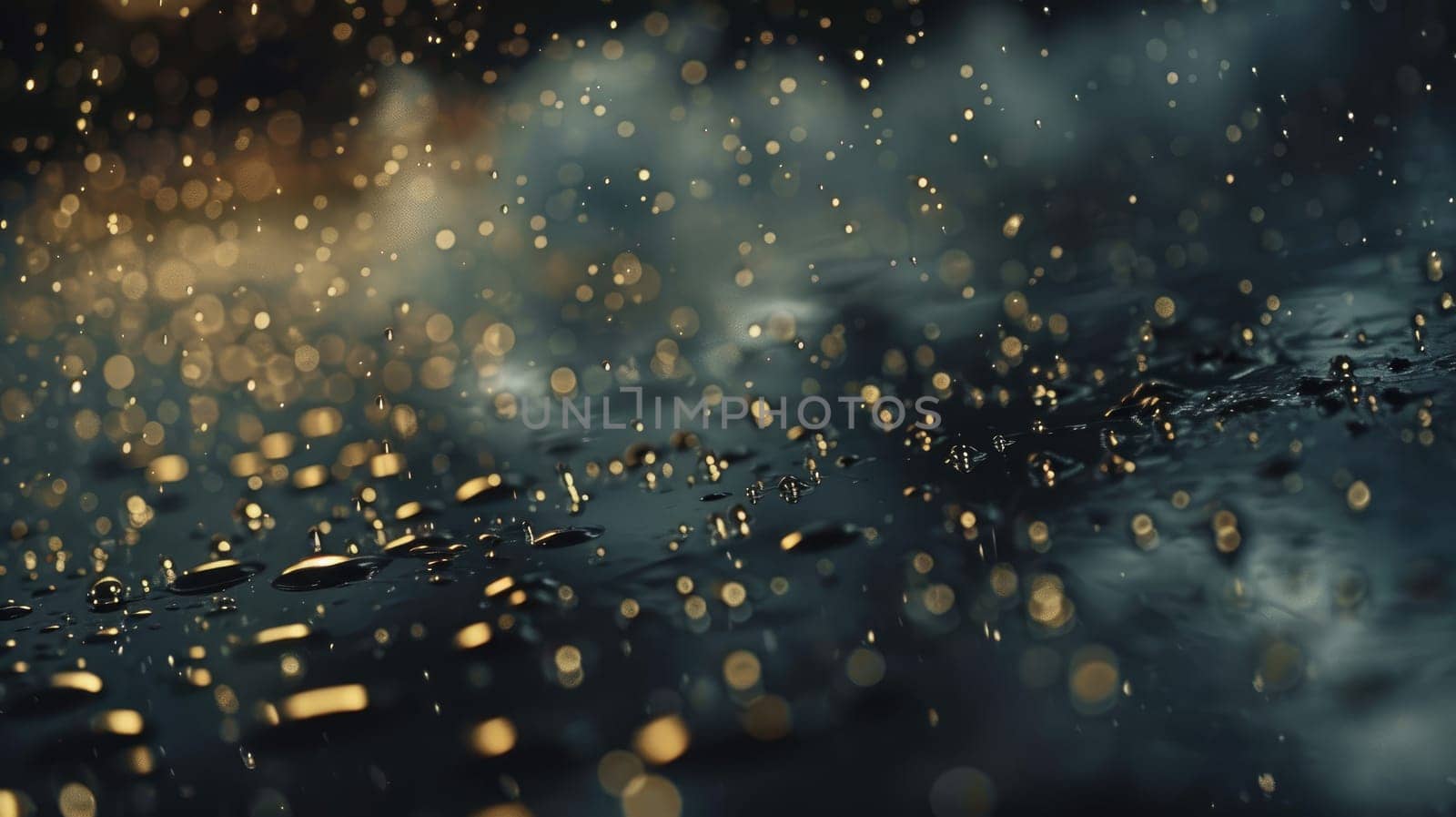 The image is of a wet surface with a lot of water droplets and a few specks of gold. Scene is calm and serene, as the water droplets seem to be falling gently