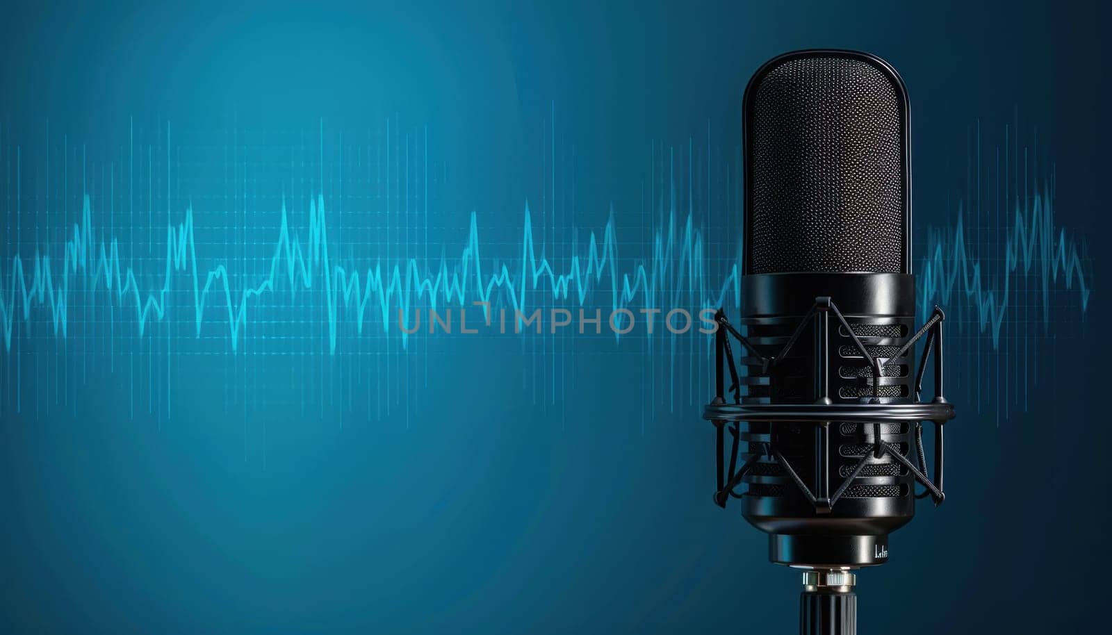 Microphone with Waveform on Blue Background Concept High Detailed and High Resolution Broadcasting and Podcasting Banner.