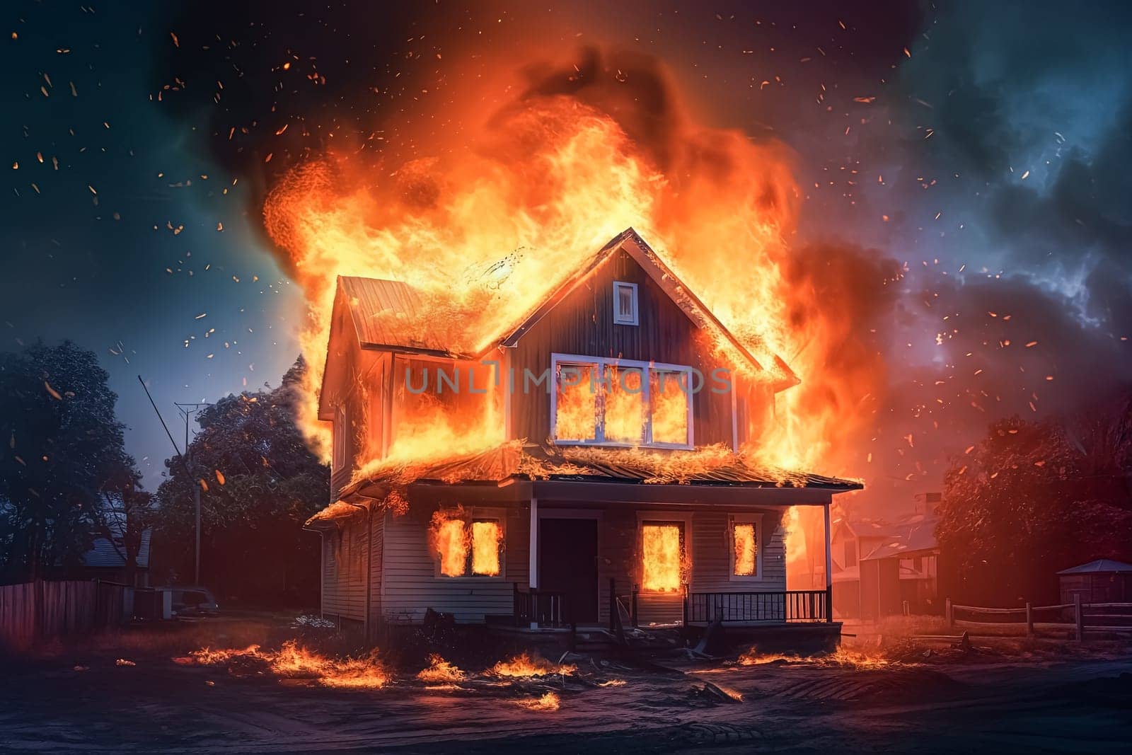 A house is on fire in a desolate area. The fire is so intense that it is almost impossible to see the house. Scene is one of destruction and despair