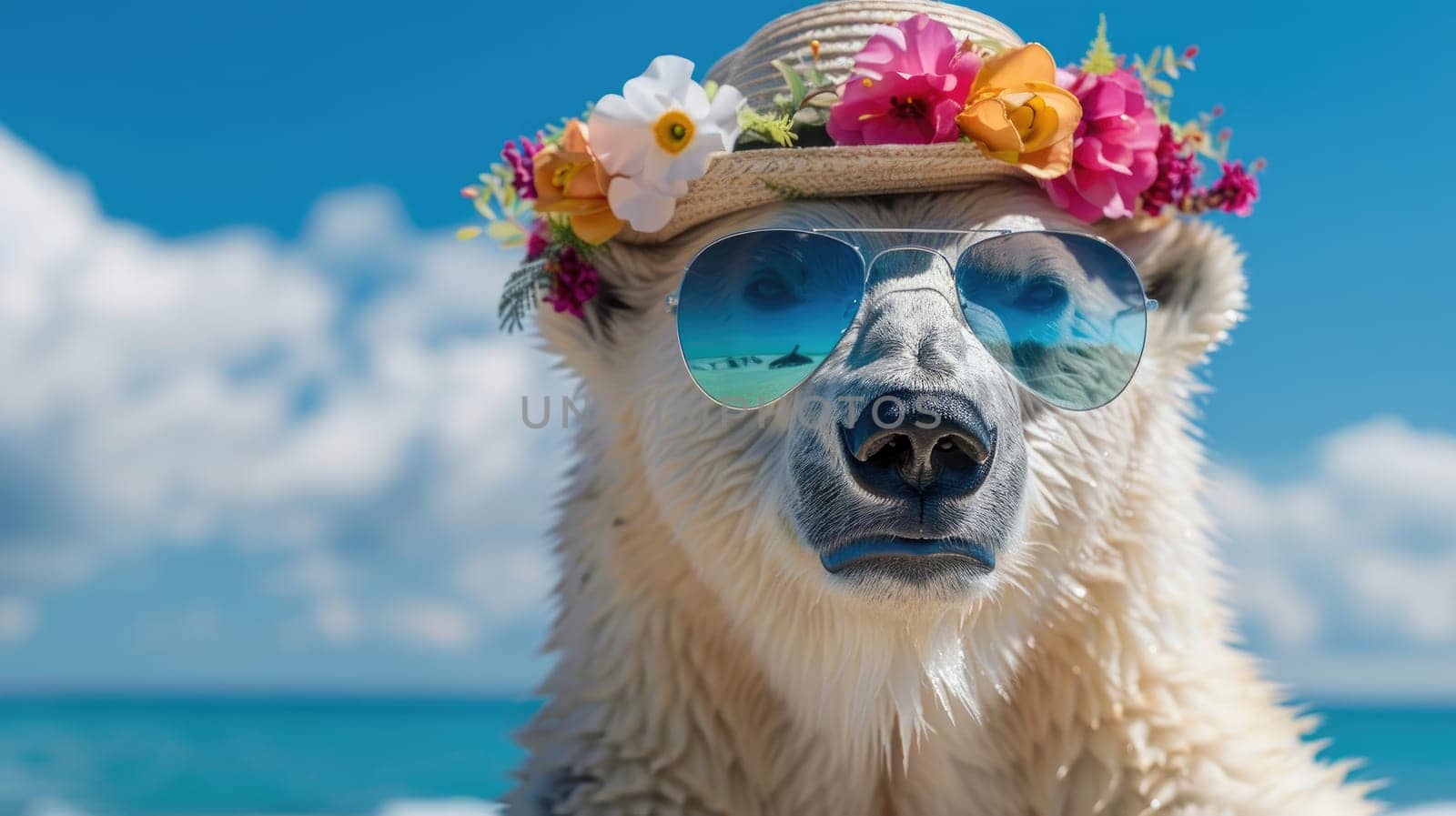 A polar bear wearing sunglasses and a straw hat is standing on a beach. The polar bear is smiling and he is enjoying the sunny day.